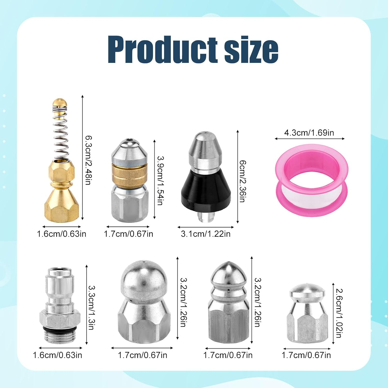 8Pcs Sewer Jetter Nozzle Kit with 1/4" NPT Quick Connectors & Tape, Stainless Steel Pressure Drain Jetter Hose Nozzle for Pressure Washer Sewer Cleaning Tool 5000 PSI image number 2