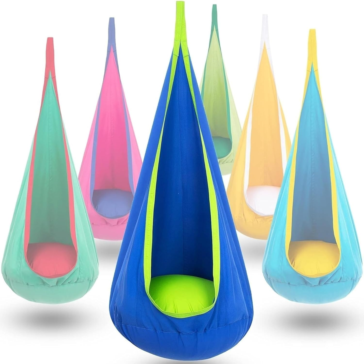 Sensory Swing, Kids Pod Swing Seat, 100% Cotton Child Hanging Hammock Chair for Indoor Outdoor with Inflatable Pillow and All Accessories, Rope Hanging Swing Seat Nest, Max 150Lbs(Light Blue)