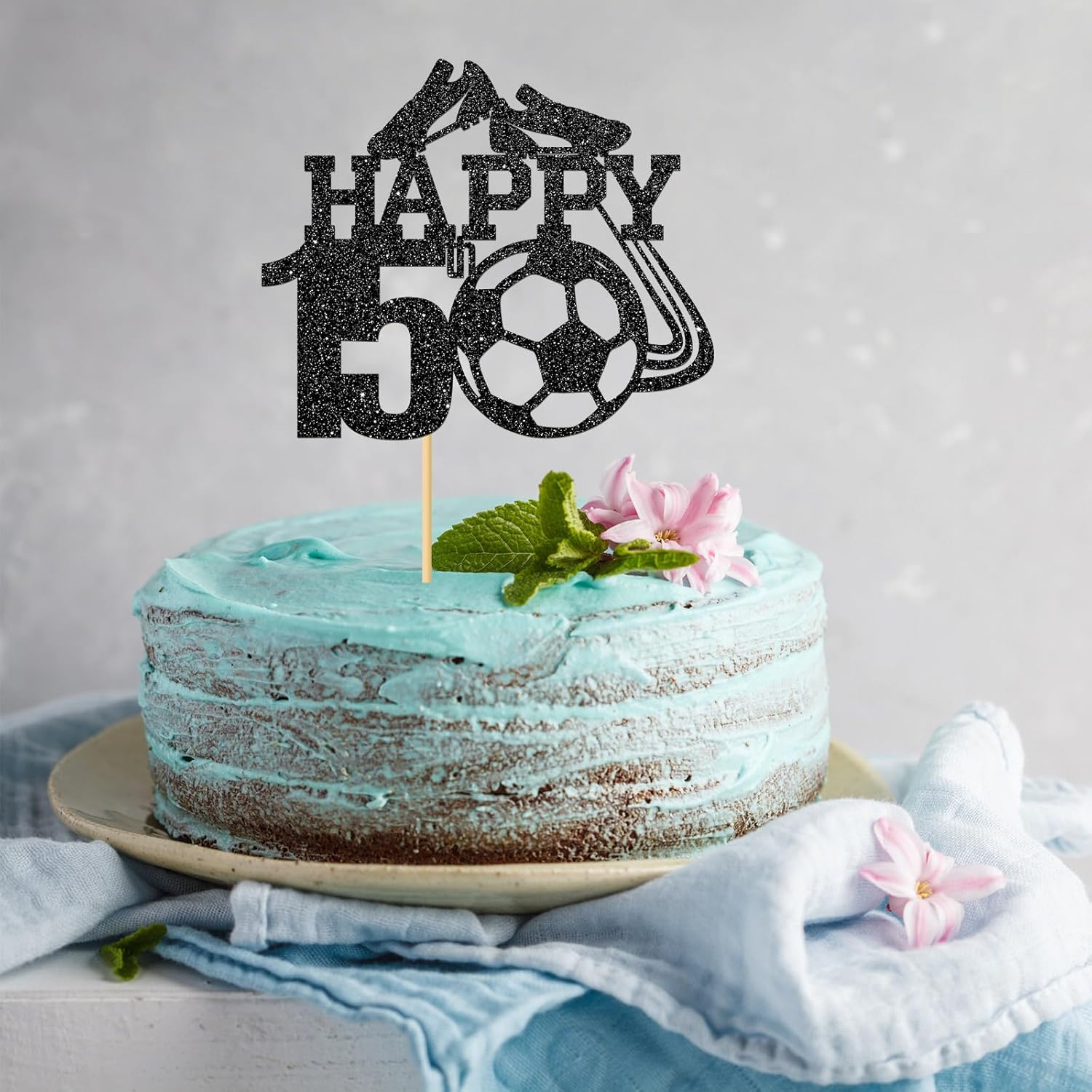 Monmon & Craft Soccer 15Th Birthday Cake Topper/Sport Theme Soccer Ball Cake Docer/Soccer Player Boy 15Th Birthday Party Decorations - Black Glitter image number 3