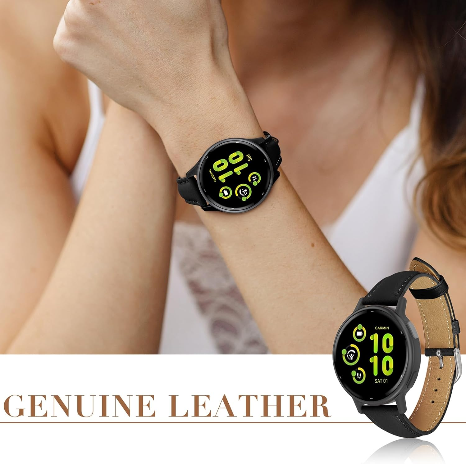 Slim Leather Band Compatible with Garmin Vivoactive 6/Vivoactive 5/3/3 Music, 20Mm Genuine Leather Thin Soft Narrow Replacement Strap for Venu Sq 2/Venu 2 Plus/Forerunner 165/55/245/645 Music - Brown image number 4