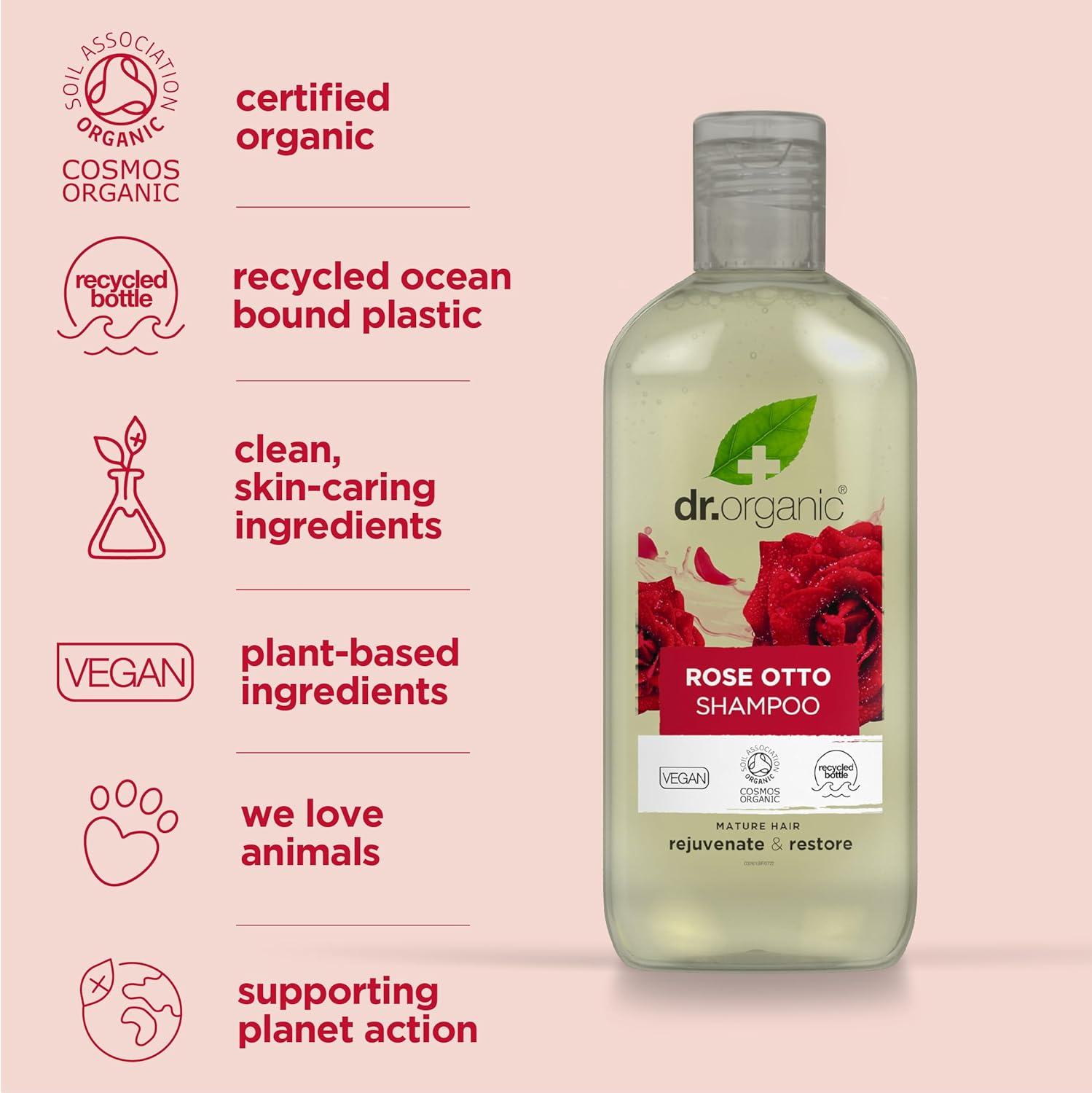 Dr Organic Rose Otto Shampoo, Restoring, Mens, Womens, Natural, Vegan, Cruelty-Free, Paraben & Sls-Free, Organic, 265Ml, Packaging May Vary image number 4