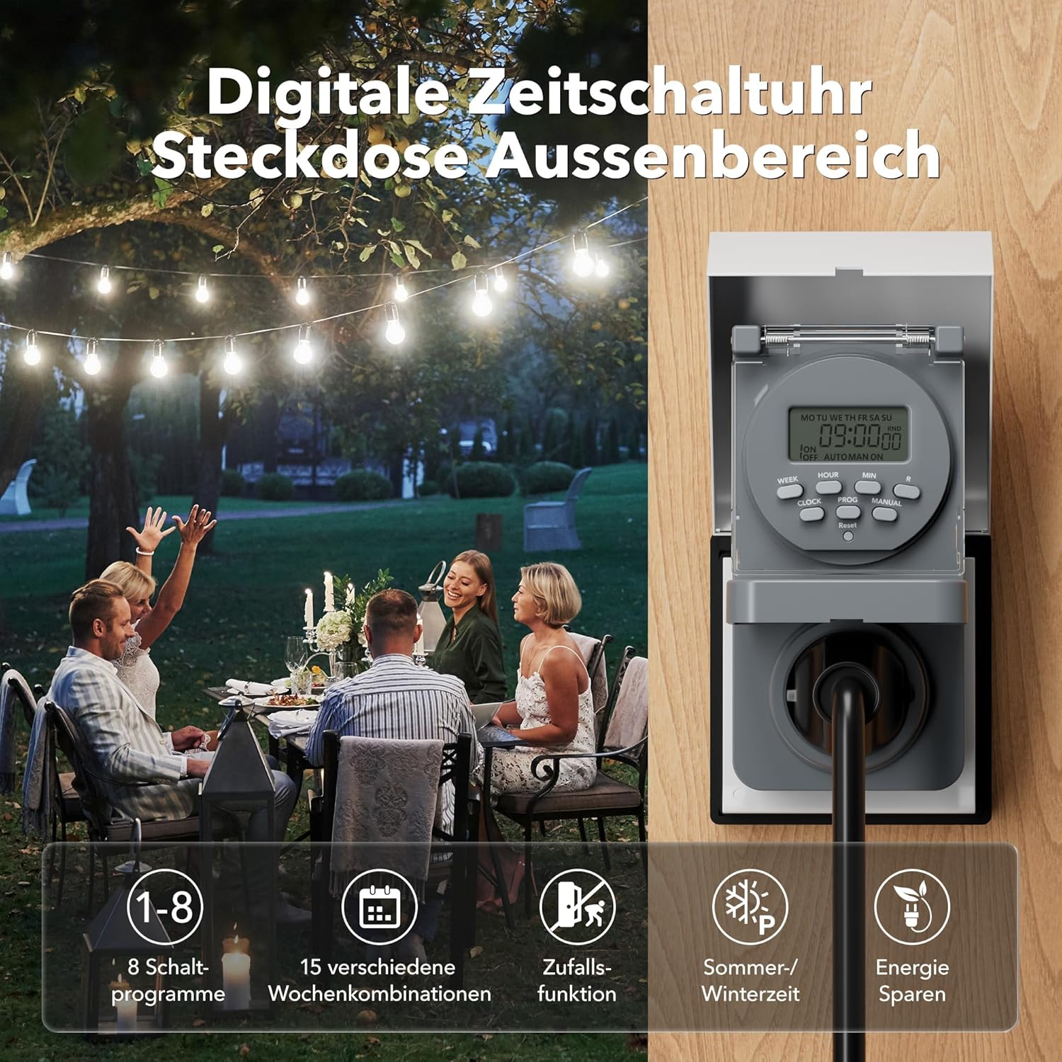 HBN Digital Timer Socket Outdoor, 8 Switching Programmes, Weekly Timer with Random Function, IP44 Outdoor Timer Socket for Christmas Decoration, Pool Pumps, Lighting in the Garden, 3680 W image number 5