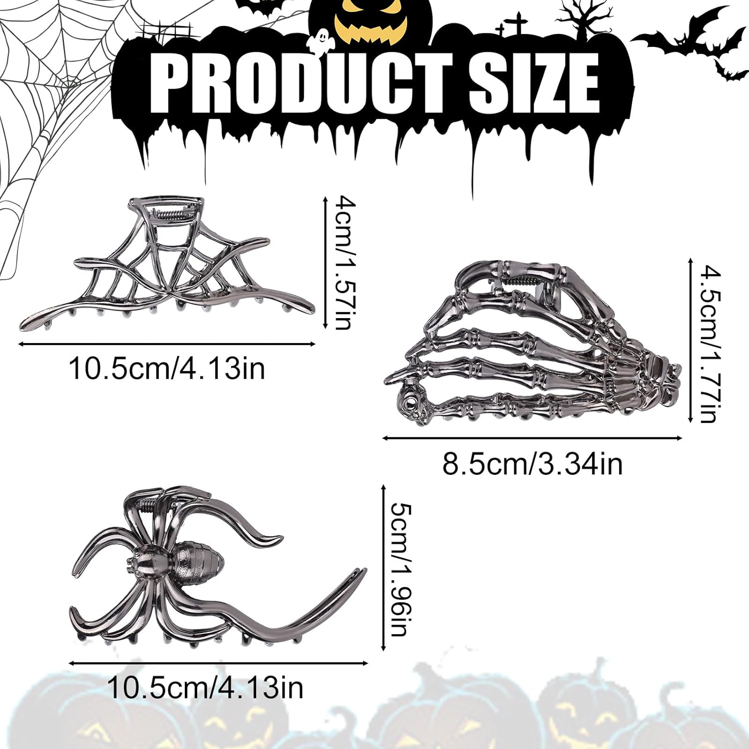 3 Pcs Halloween Hair Claw Clips for Women & Girls, Gothic Metal Hair Accessories with Hollow Design Spider Web Skeleton Hand Spider Claw Clips for Halloween Party Cosplay image number 2