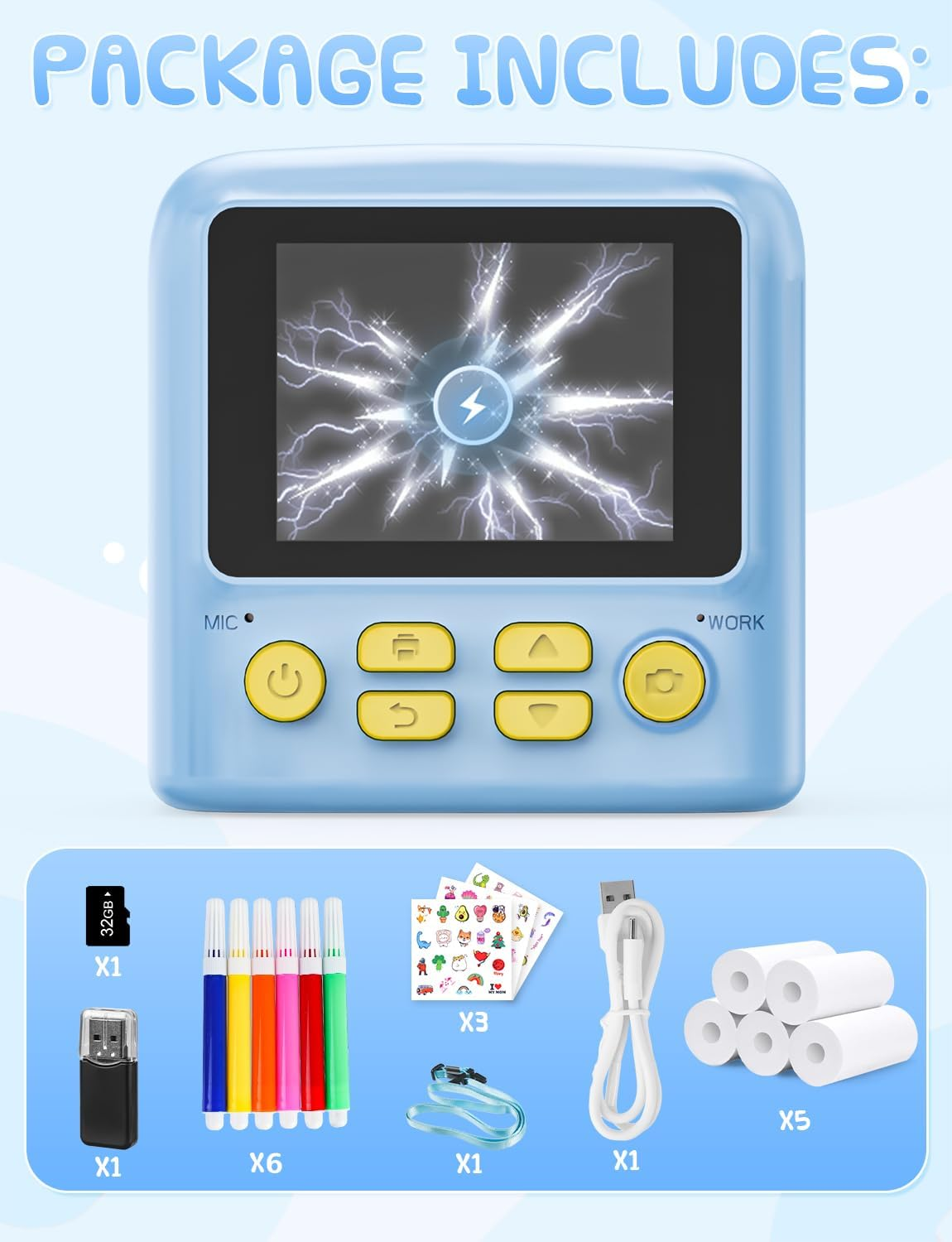 Kids Instant Print Camera with 2 Flash Lights, Children Selfie Digital Camera with 2.4 Inch Screen, 32GB Card, 5 Rolls Print Paper for Age 3-12 Girls Boys Toy Gifts Travel (Blue) - Blue image number 6