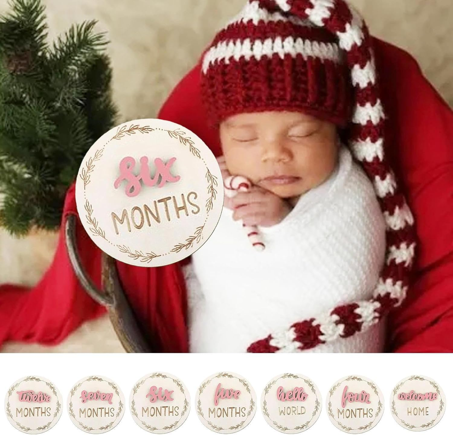 Baby Monthly Announcement Card - Double Sided 3D Baby Picture Signs | Decorative Wooden Birth Growth Cards, Reusable Month Marker Discs for Kids Room Nursery Living Room - Green image number 2