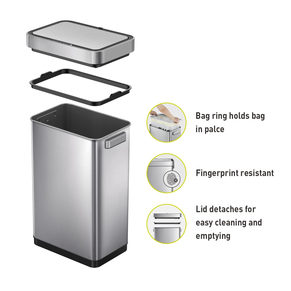 EKO Deluxe Mirage-T 50 Liter / 13.2 Gallon Touchless Rectangular Motion Sensor Trash Bin, Matte Stainless Steel Finish image number 3