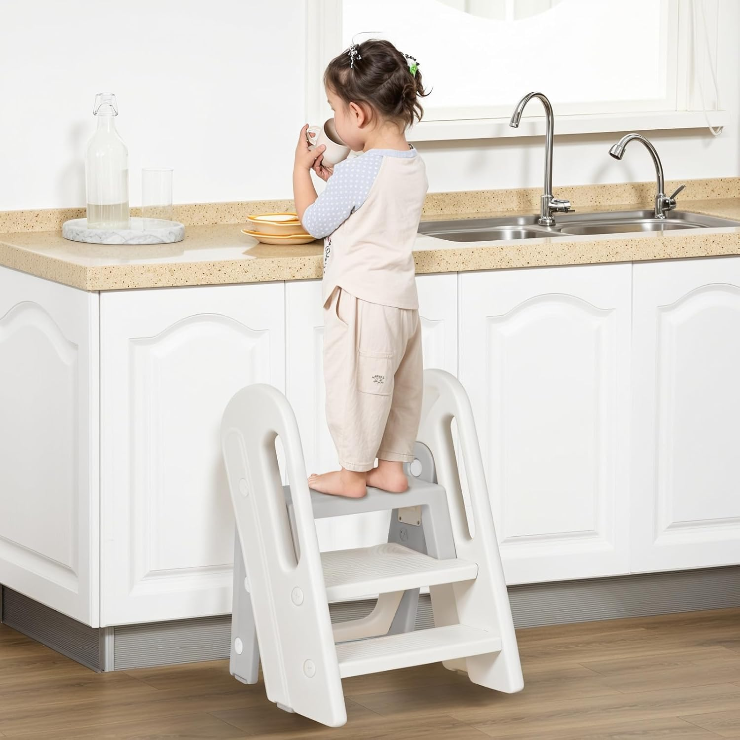 Foldable Kids Step Stool with Safety Handles,3-Tier Toddler Step Learning Ladder with Adjustable Pedal and Non-Slip Steps for Toilet Potty Training,Kitchen Standing Tower,Bathroom Sink image number 6