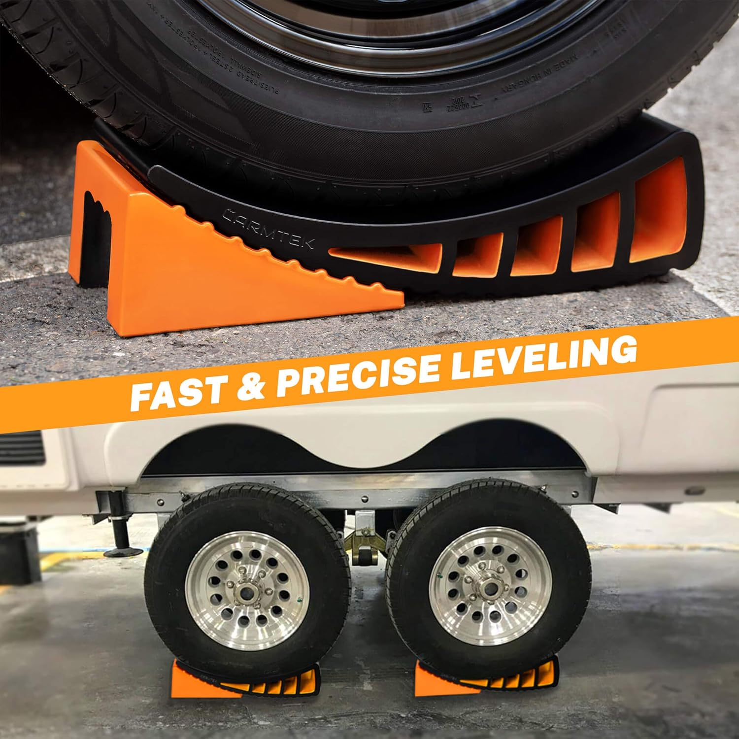 CARMTEK Camper Leveler 2-Pack Kit | Curved RV Levelers with Trailer Wheel Chocks for Dual Axle Trailers | Faster RV Leveling System than RV Leveling Blocks | RV Accessories for Travel Trailers image number 2