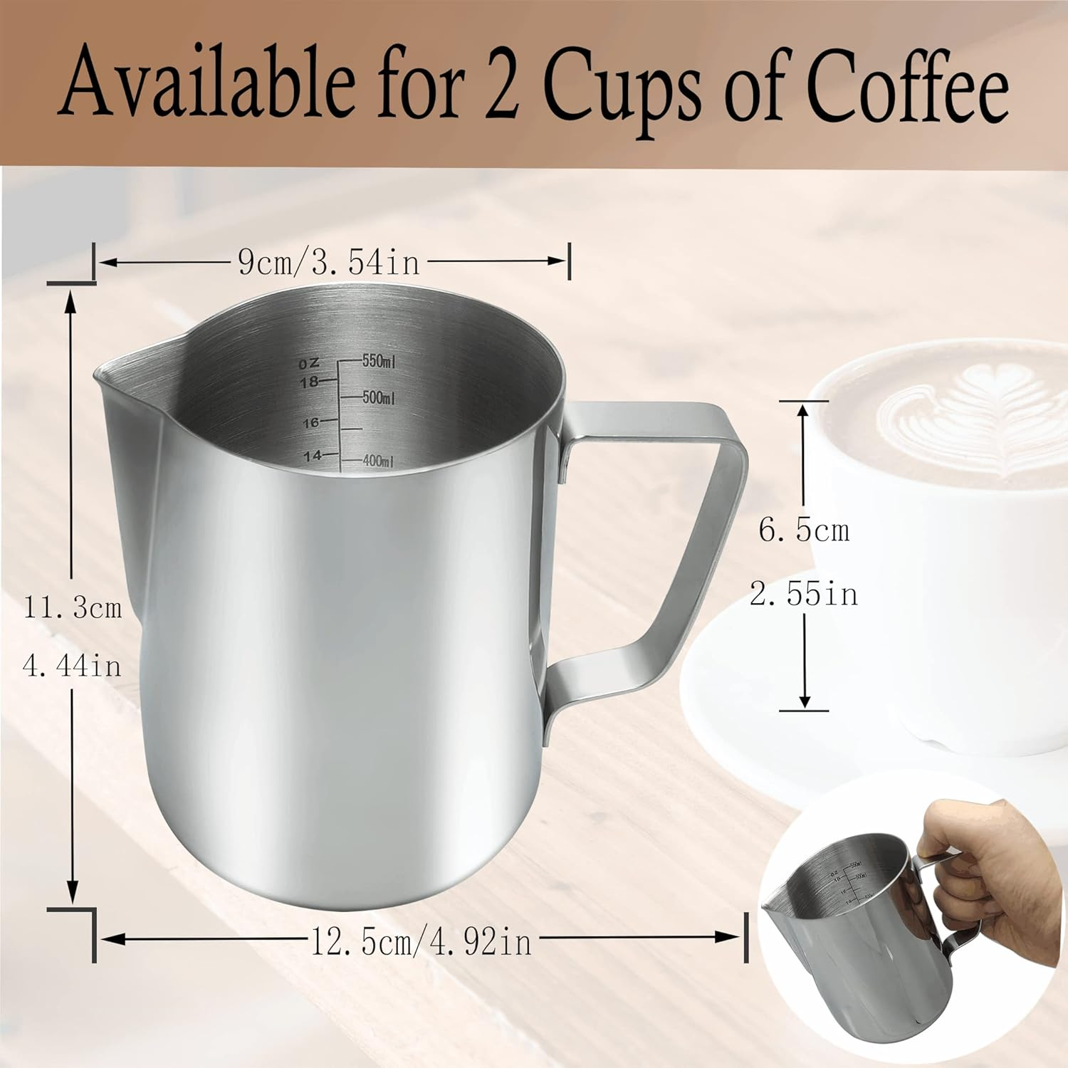 Yowamho Milk Frothing Pitcher,600Ml(20Oz) Quality Milk Jug Cup SUS304 Stainless Steel,Steaming Pitchers Frothing Jug Measurements inside for Milk Coffee Cappuccino Latte,Silver image number 6