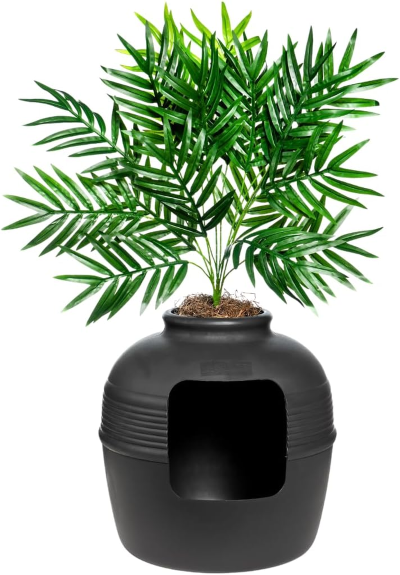 Good Pet Stuff Hidden Cat Litter Box Enclosure with Artificial Plant, Decorative round Planter, Vented Carbon Charcoal Filter for Odor Control, Easy-To-Clean, Made in USA, Base Kit, Black image number 1