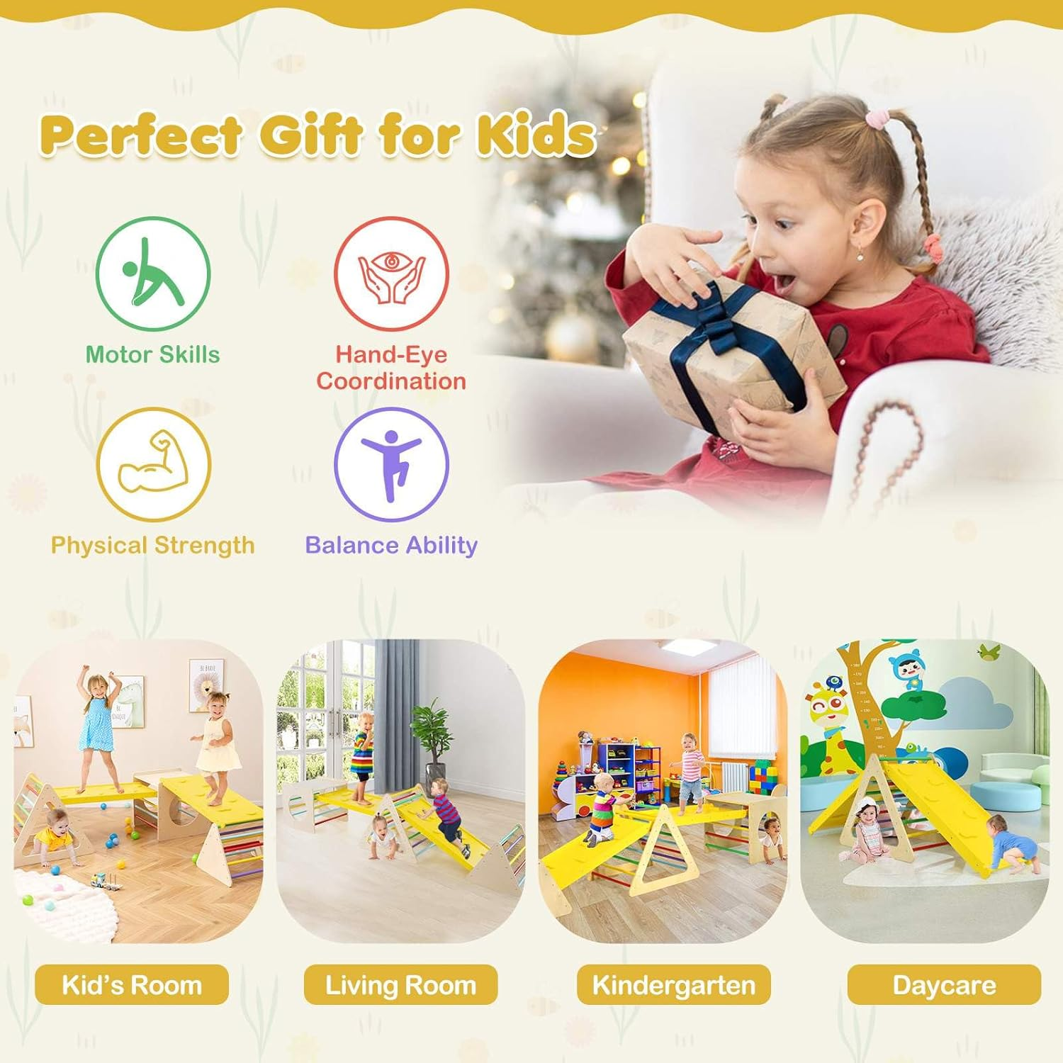 HONEY JOY 5 in 1 Triangle Climber with 2 Ramp, Wooden Climbing Toys for Toddlers, Multi-Combination Play Methods, Kids Montessori Play Gym Set Playground Climbing Ladder for Boys Girls image number 6