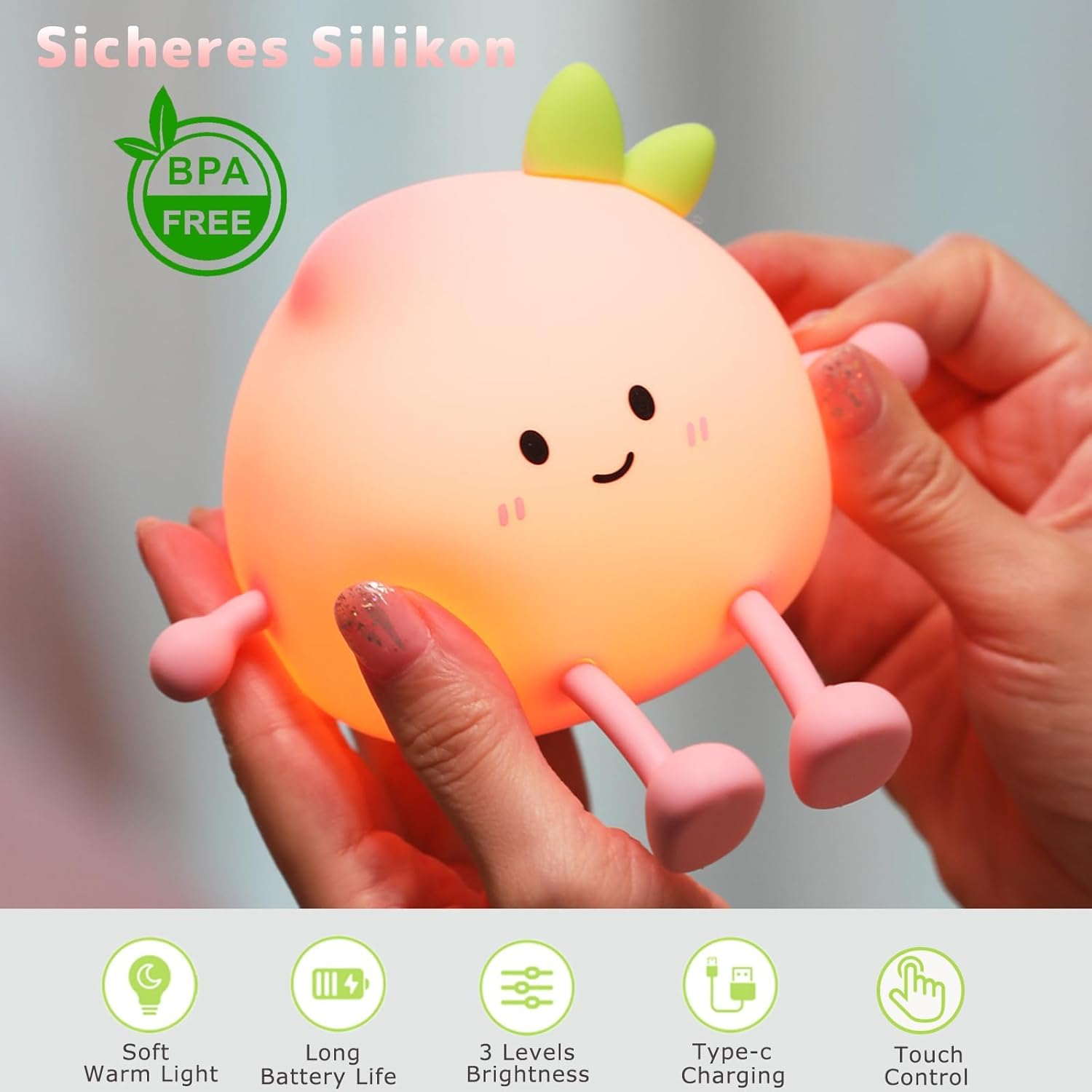AVEKI Peach Night Light for Kids - Cute Silicone Snooze Lamp with 7 Colours & 3 Brightness Levels Warm Light, Rechargeable, Touch Sensitive, Baby Night Light Gift - Warm image number 5