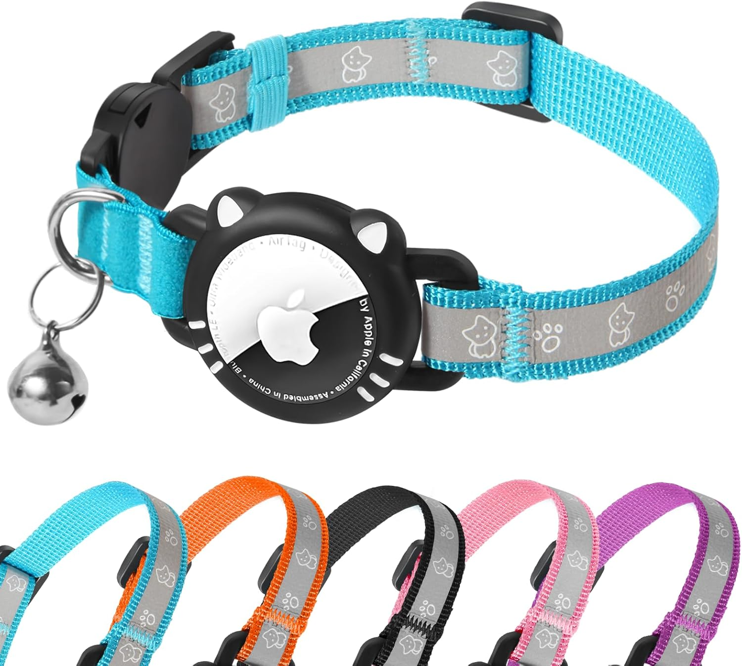 Agoumlux Airtag Cat Collar, Airtag Compatible, Reflective with Safety Clasp, Bell, Purple, S (23-33 Cm)