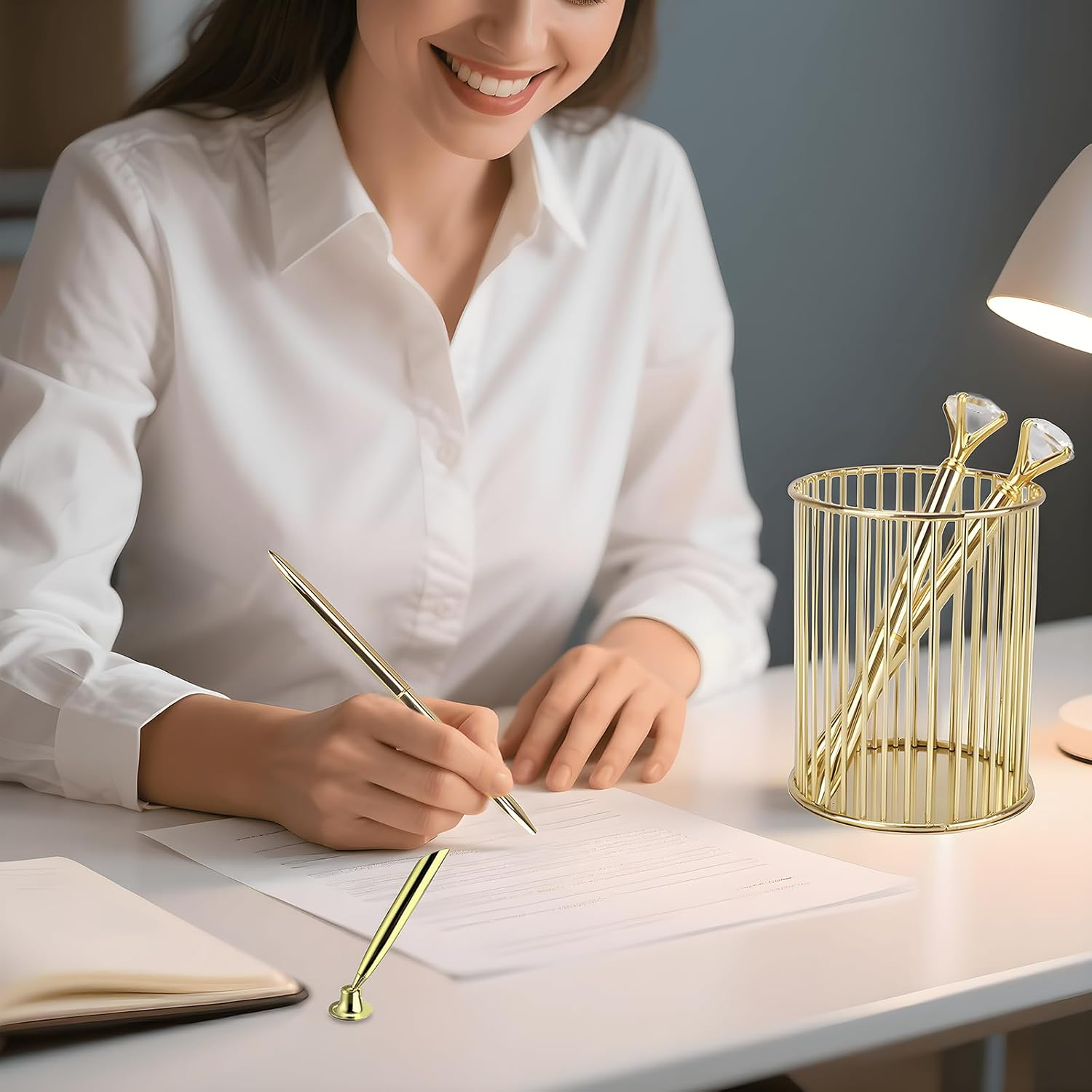 WATUNID Metal Pen Holder with 2 Pieces Diamond Pens and Gold Signing Pencil Stand Set, Makeup Brush Holder, Openwork round Art Table Accessories, Mesh Pen Pot Pen Holder for School, Office, Home image number 6