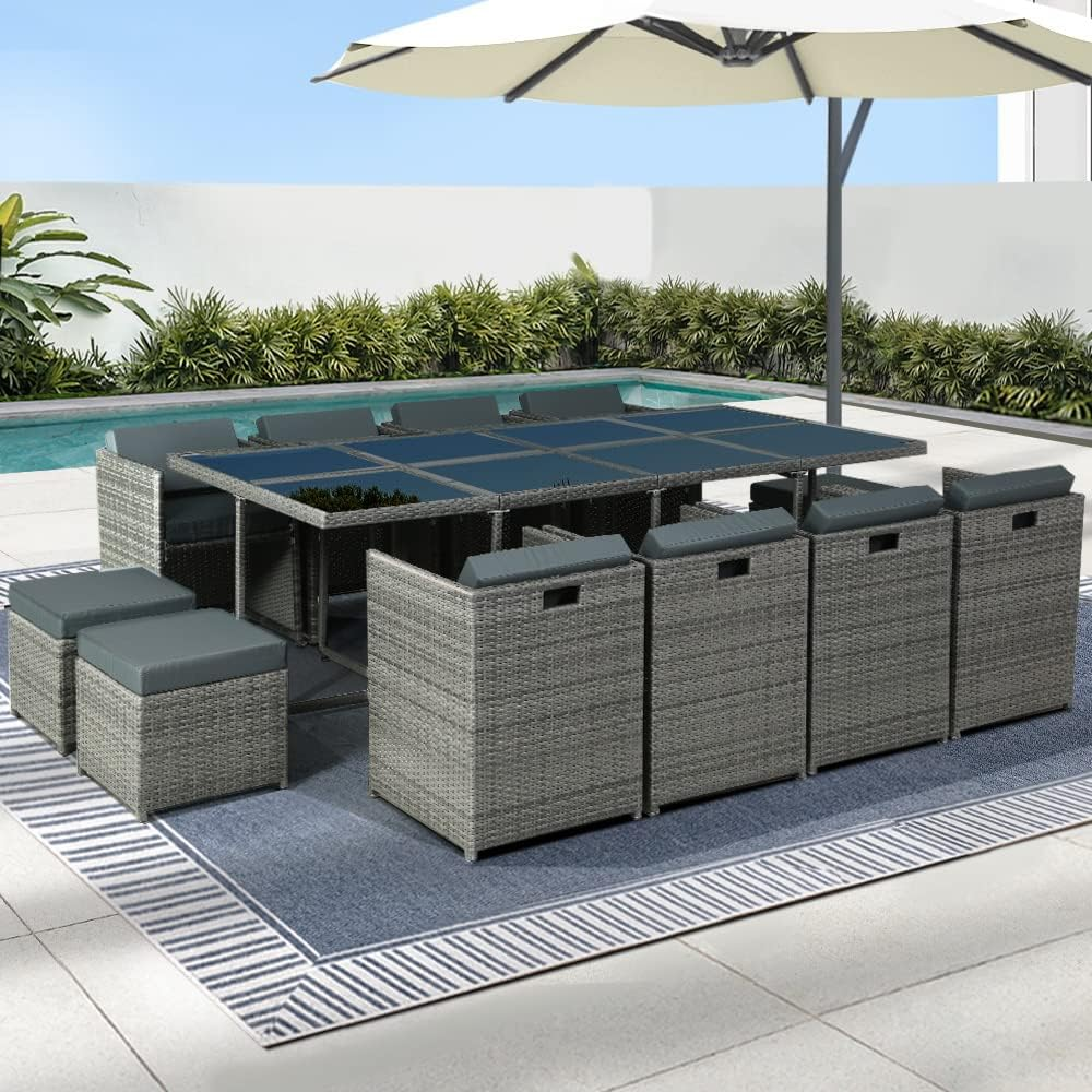 Gardeon Outdoor Dining Set 9Pcs Rattan Wicker Lounge Setting Table and Chairs, Patio Conversation Sets Furniture Garden Backyard, Weather-Resistant Cushions Storage Cover Grey with Ottoman