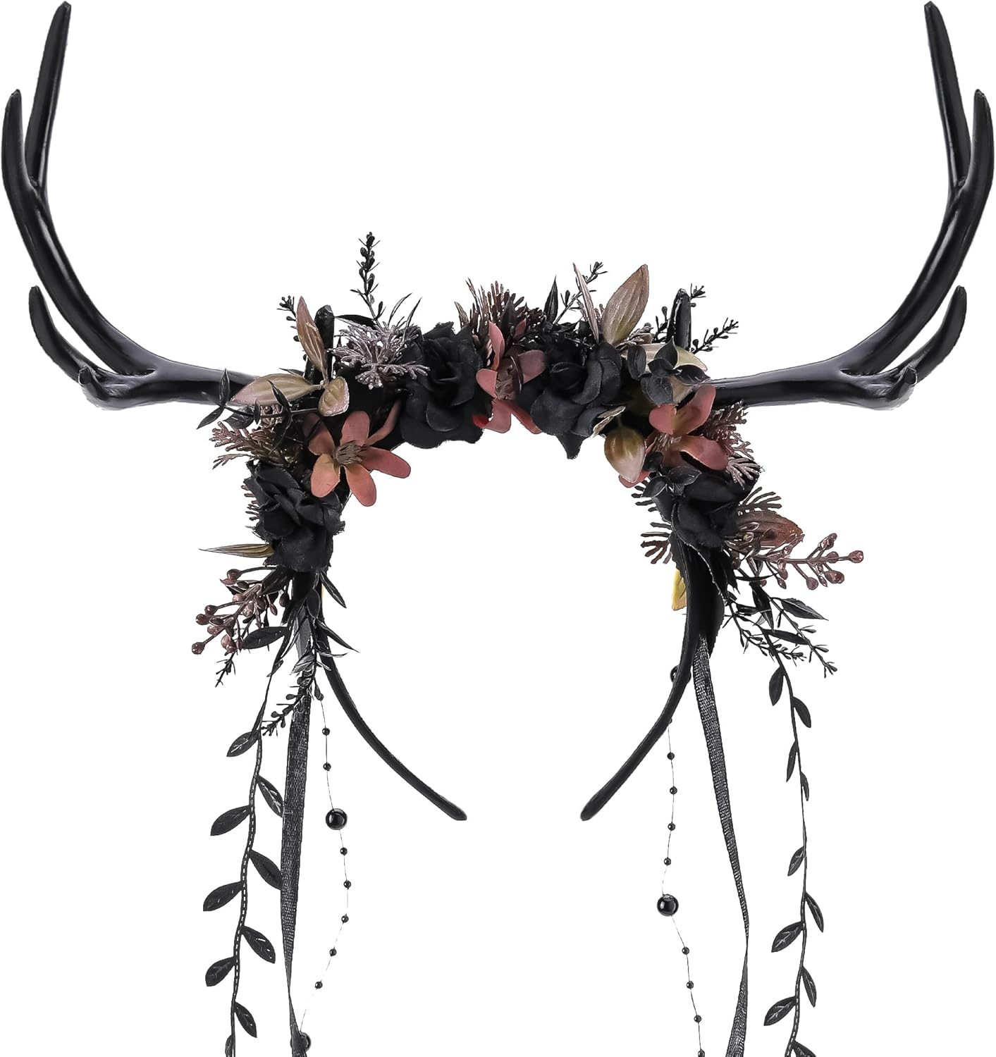 MOSTORY Flower Reindeer Headband for Women - Floral Antler Headpiece Woodland Deer Horns Hairband for Renaissance Cosplay