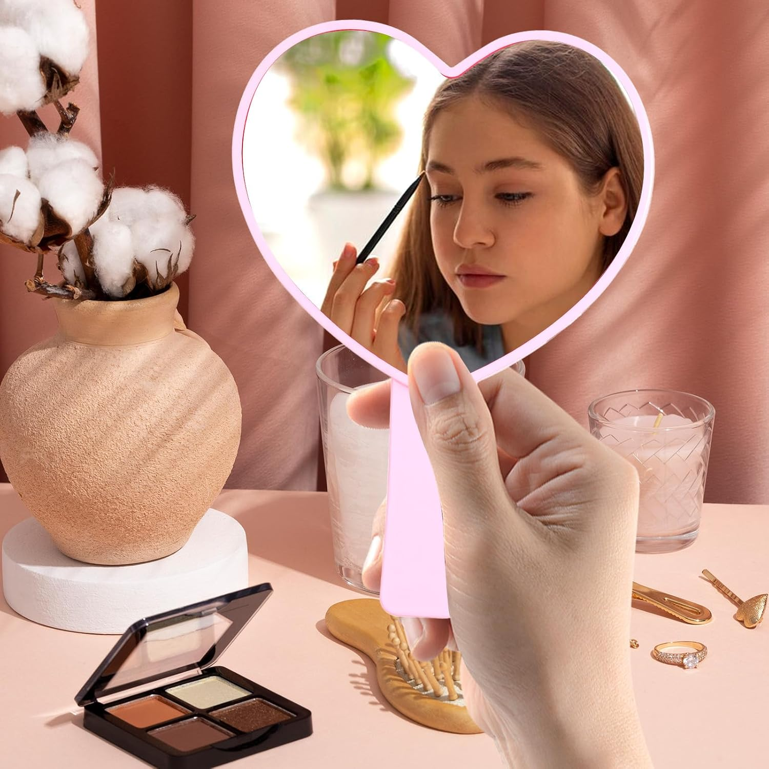 Sorcristy 2PCS Hand Mirror for Women，Heart Shaped Handheld Mirror Mini Cosmetic Mirrors with Handle Travel Makeup Decorative Hand Held Mirrors for Women Valentine&lsquo;S Day (Pink, Purple) image number 6