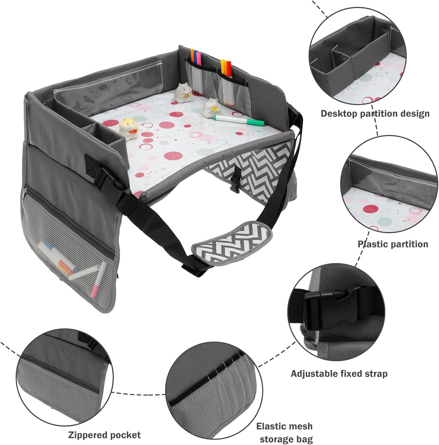Kids Car Travel Tray for Car Seat, Adjustable Lap Desk with Storage Pocket for Toddlers Drawing, Eating, Fits Most Automotive Seats image number 5