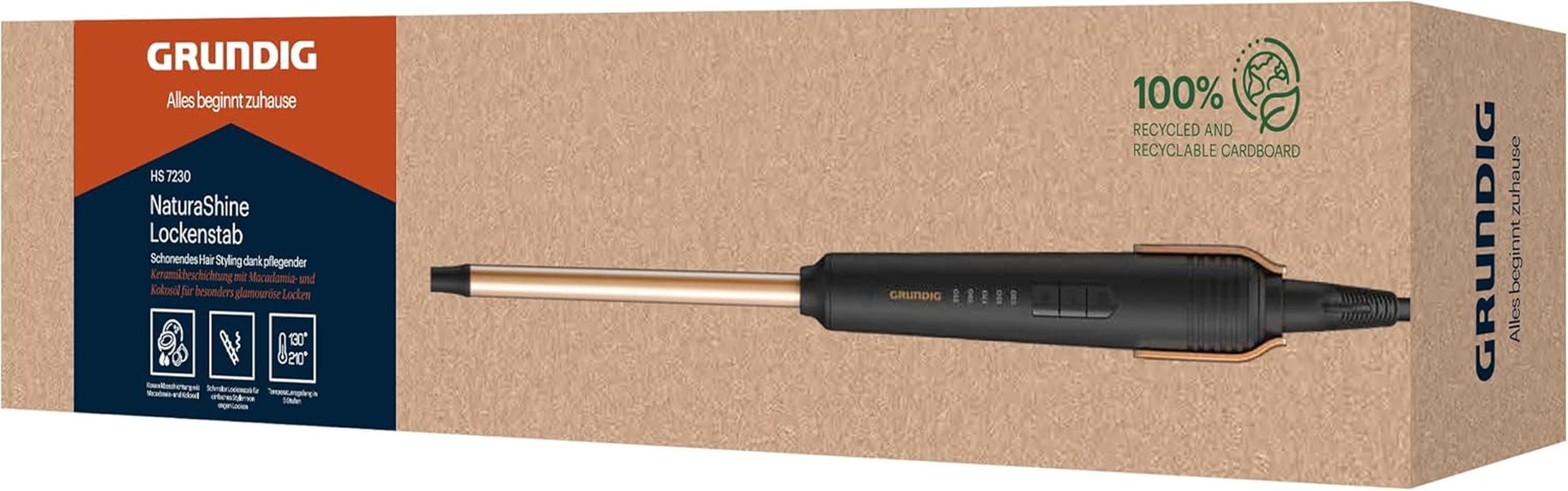 Grundig Naturashine HS 7230 Hair Styler 10Mm Diameter Ceramic Coating with Macadamia and Coconut Oil 5 Levels 130&deg;C to 210&deg;C Fast Heating Time Black Rose Gold image number 3
