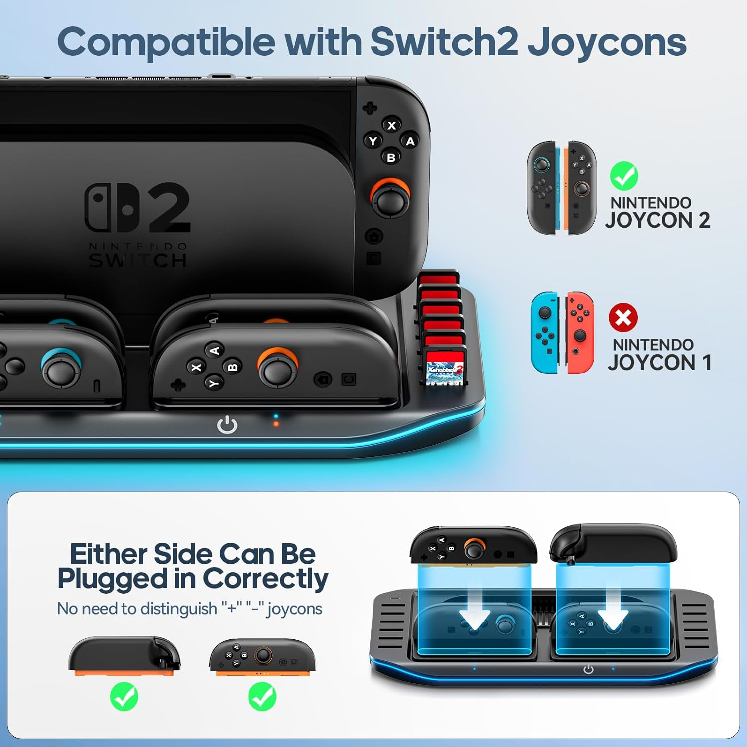 Kosker Switch 2 Joycon Charger with Universal Charging for Left & Right Nintendo Switch 2 Joy Con (2025), 4 in 1 Switch 2 Controller Charger Dock with 12 Game Card Slots & Indicator image number 3