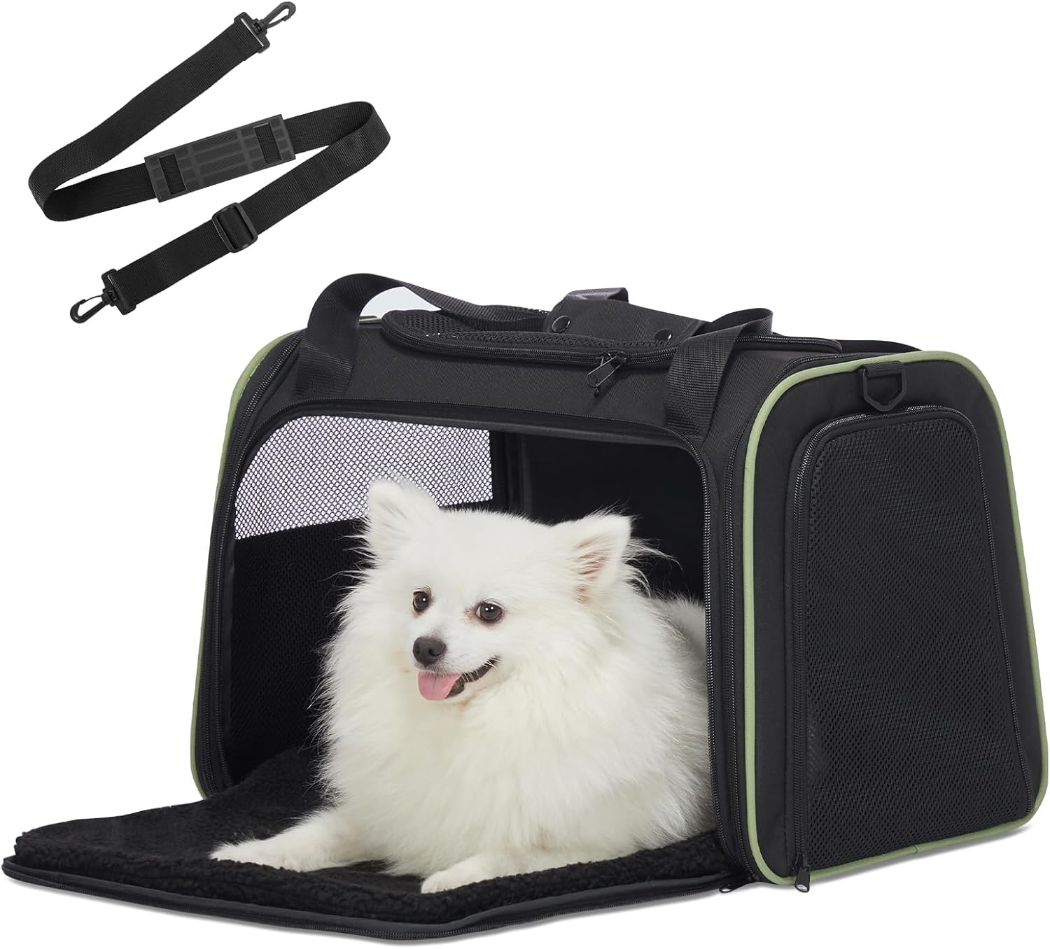 PETSFIT Soft Cat Carrier with Extendable Fleece Pet Mat, Kitty Carrier Airline Approved with Safety Leash for Pets up to 12 Lbs (44 * 26.5 * 27CM, Black)