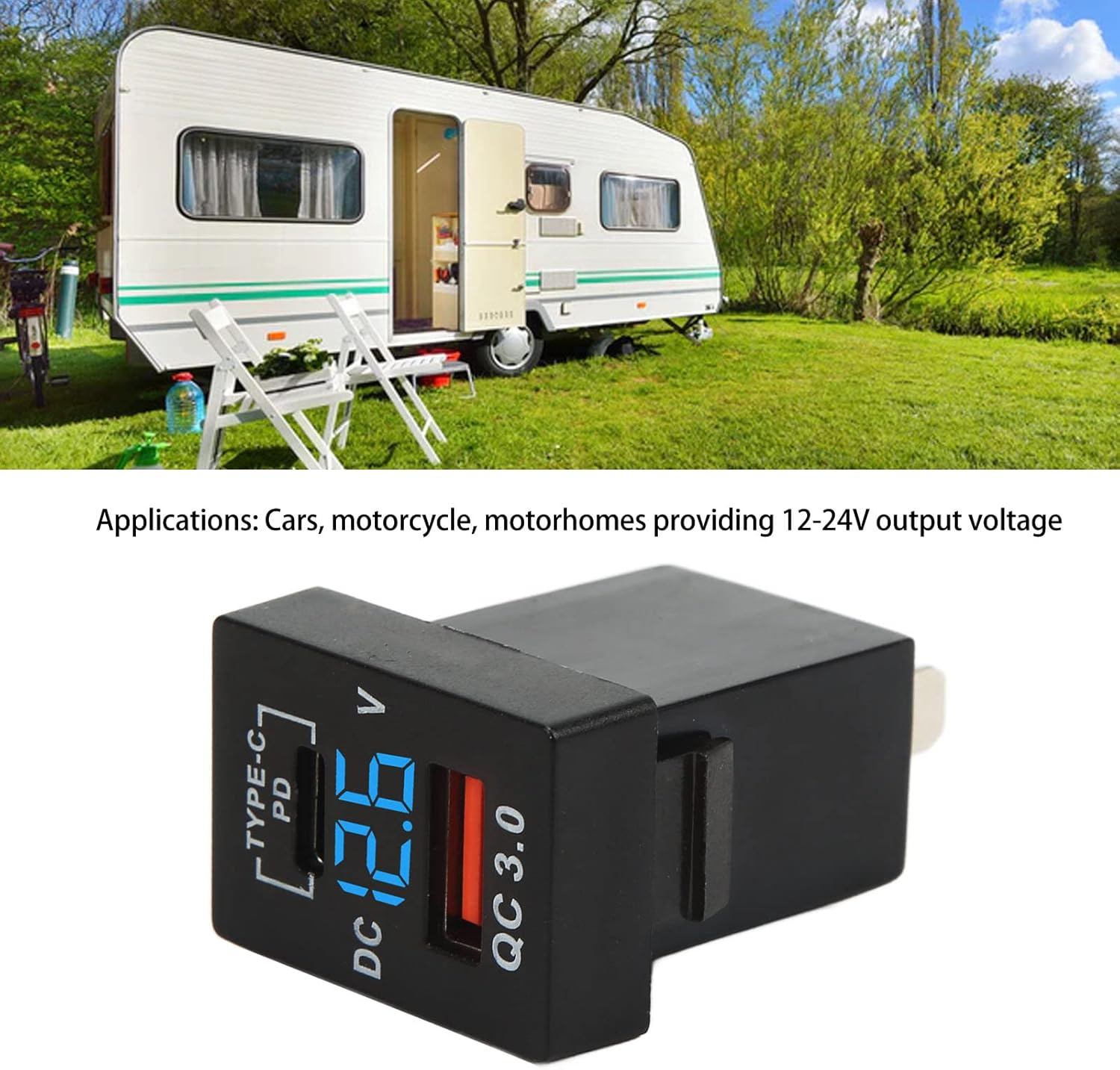 USB Car Charger Socket QC 3.0 Fast Charge 12‑24V Voltage Display for Cars Motorcycles Motorhomes image number 3