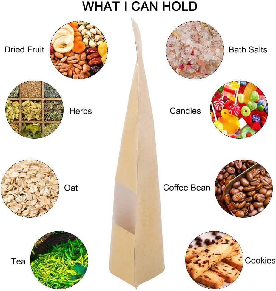 20Pc 9Cmx14Cm+3Cm Kraft Paper Stand up Doy Pouch Zip Lock Bags with Window Food Storage image number 4