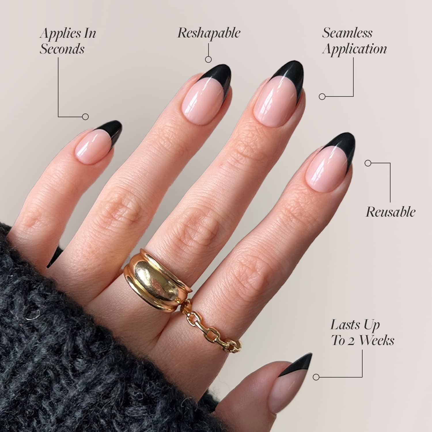 Glamnetic Press on Nails - Caviar | Semi-Transparent, Short Almond Nails, Reusable | 15 Sizes - 30 Nail Kit with Glue image number 1