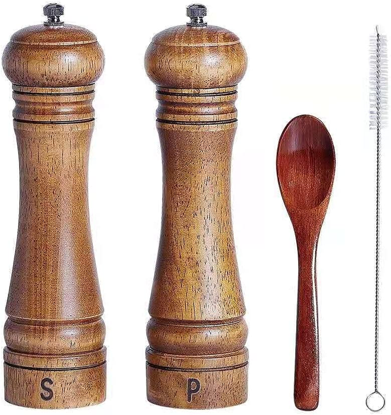 2 Pack Wooden Salt and Pepper Grinders with Cleaning Brush and Spoon, 20.3Cm/8Inch Refillable Manual Spice Grinder Mills Set, Kitchen Hand Peppercorn Shakers Mills with Adjustable Coarseness
