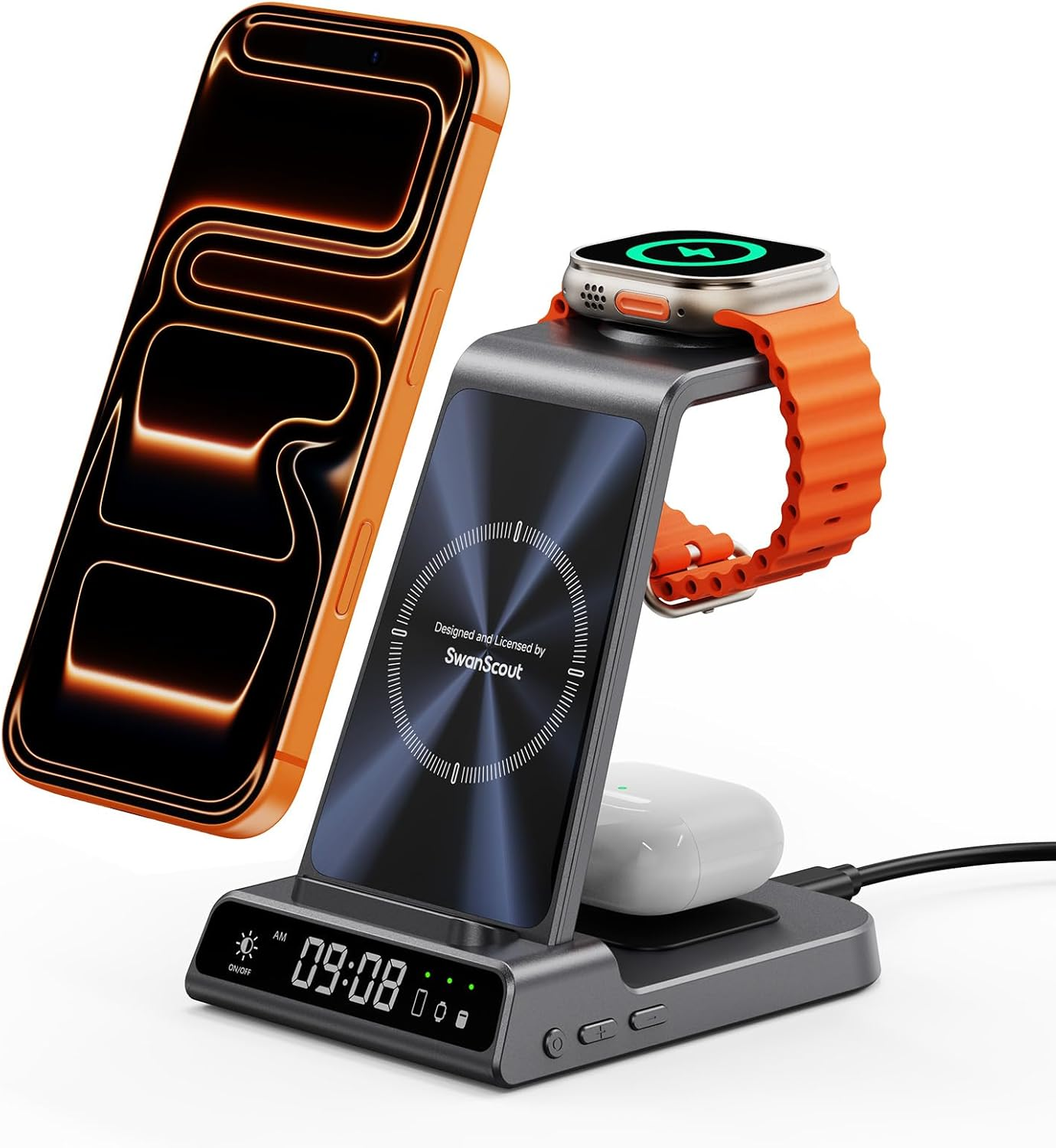 3-In-1 Wireless Charging Station for Iphone Air/17/16/15/14/13/12, for Apple Watch Ultra 3/11/10/9/8/7/SE 3, and Wireless Earbuds, Swanscout C02A image number 5