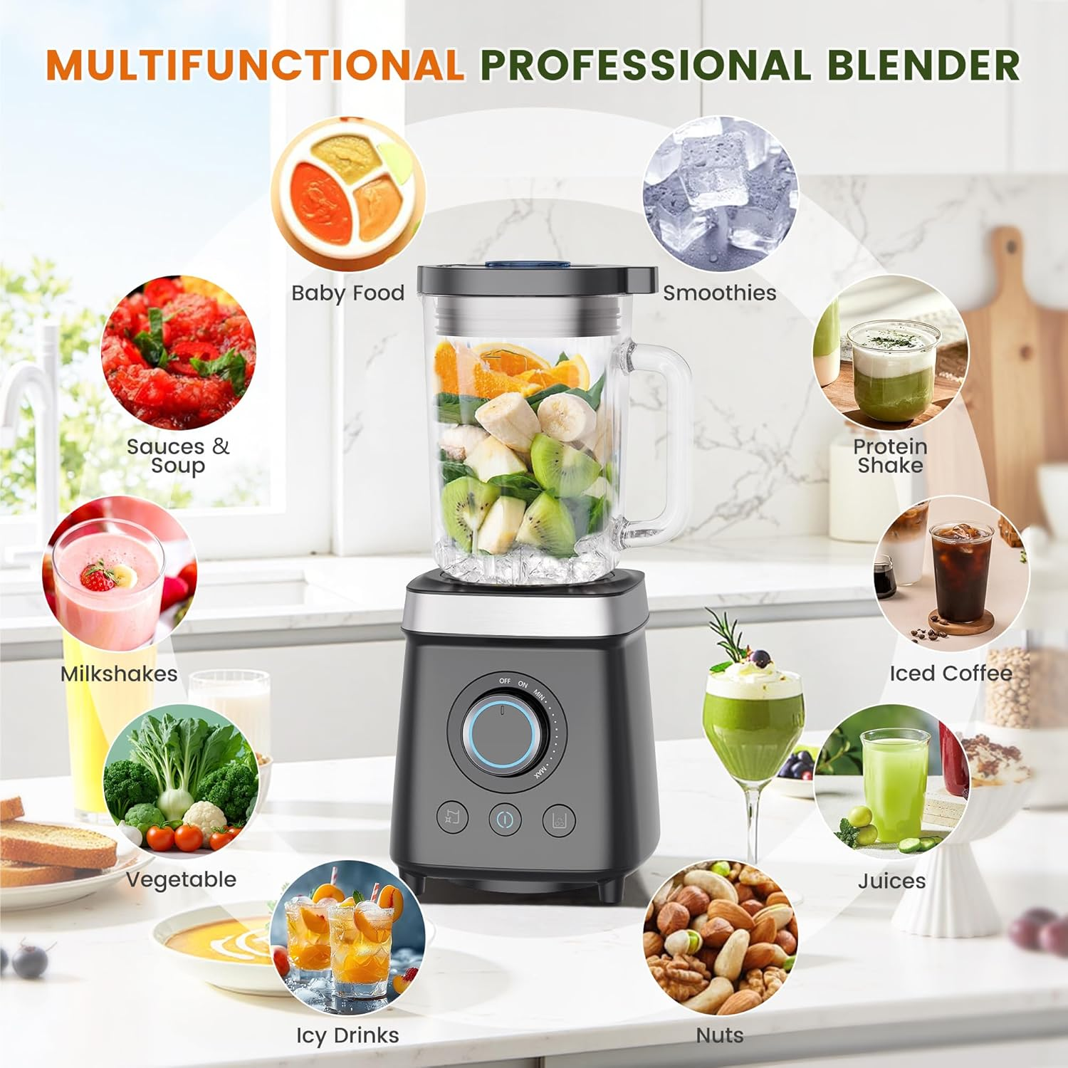 Keenray Personal Blender, Smoothie Maker, 2000W High Speed Electric Blender, Food Processor with 1.8L Glass Jug, 6-Leaf Stainless Steel Blades, BPA Free Countertop Blenders for Ice Crush image number 2