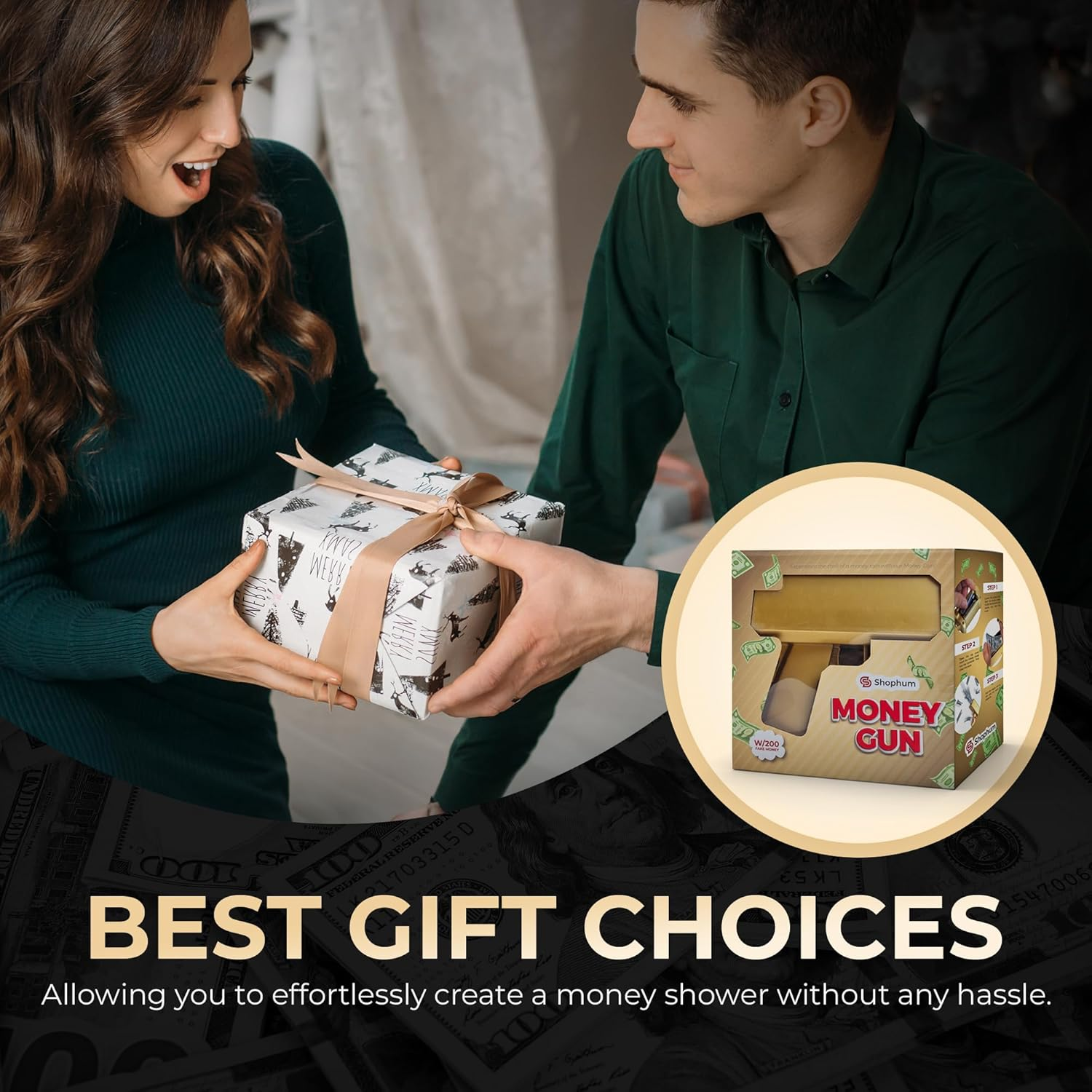 Gold Make It Rain Money Gun - Handheld Spray Cash Gun with 200 Pcs for Game Movies Party Supplies (Golden) image number 3