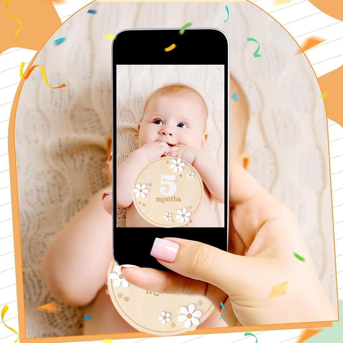 1 Set Baby Monthly Milestone Cards with Adhesive Dots, Flower Style, Wooden Photo Props for Toddlers from 0-12 Months, Baby Shower Growth Record image number 5