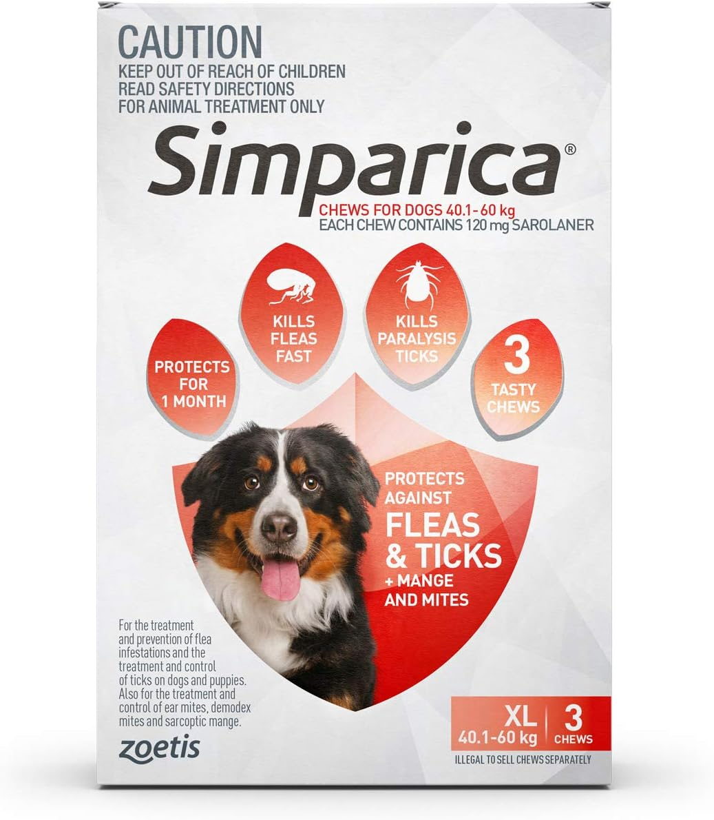 Simparica Fleas and Tick Chewable Tablets for Extra Large 40.1-60 Kg Dog, Red (Pack of 3)