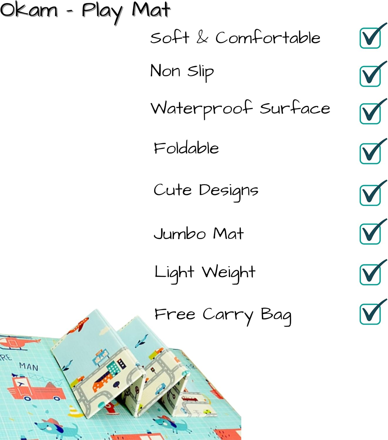 Baby Play Mat & Gym Mat Large XPE Foam Kids Playmat Soft Waterproof Padded Floormat 2Mx1.5M Foldable Reversible Also Suitable as Rug for Playpen with Free Storage & Travel Carry Bag; Fire Engine Design on 1 Side and Road Track Design on the Flip Side