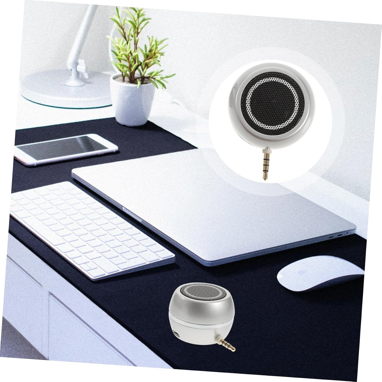 Portable Plug-In Mini Speaker with Aux Input and USB Rechargeable Battery, Silver Desktop External Loudspeaker for Phone and Laptop Use, Compact Bass Amplifier Suitable for Home image number 2