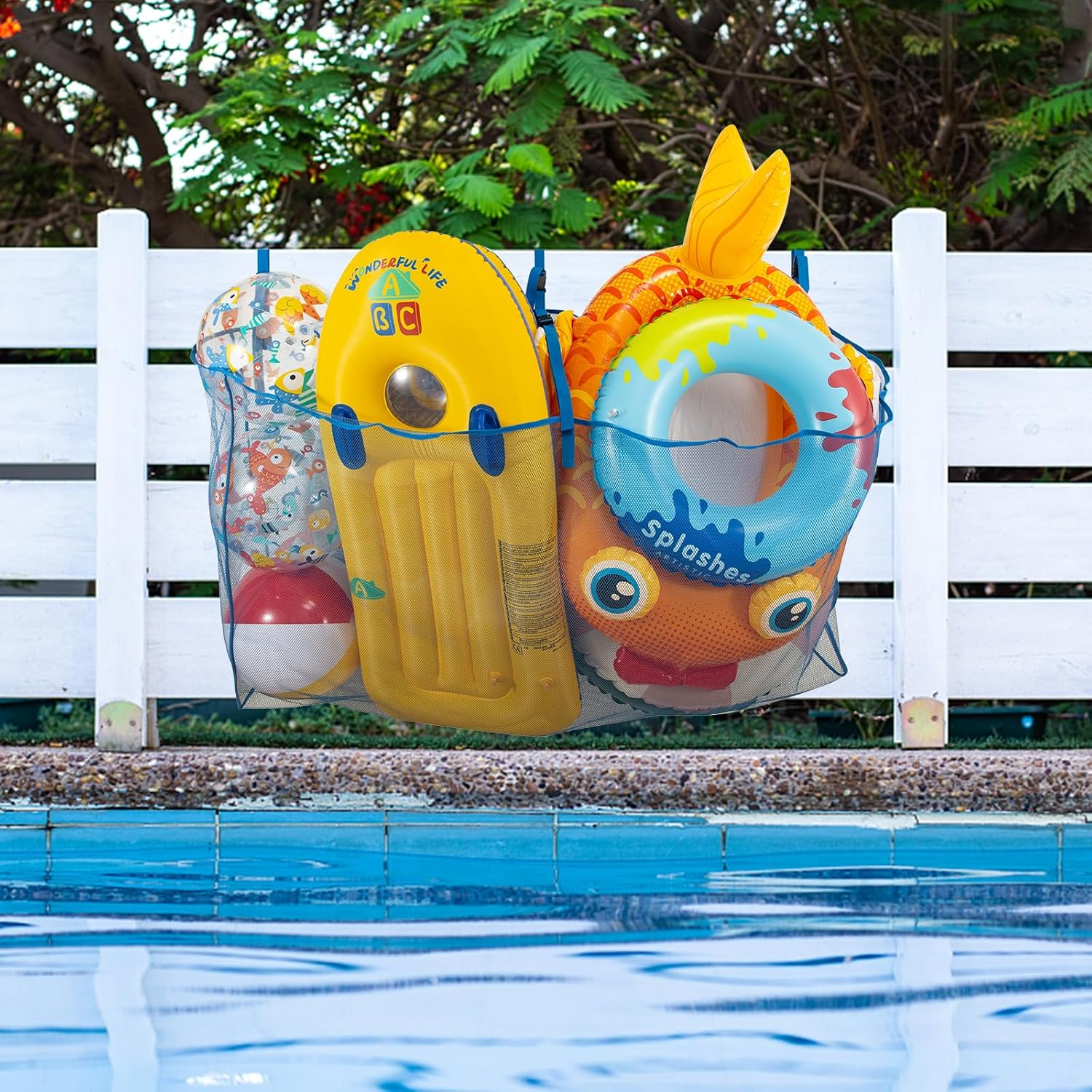 Pool Floats Storage Bag,Pool Float Toy Storage Mesh Bag,Water Tech Pool Pouch,Adjustable Swimming Pool Hanging Mesh Organizer Net Bag for Floats,Balls,Water Inflatable Toys image number 5