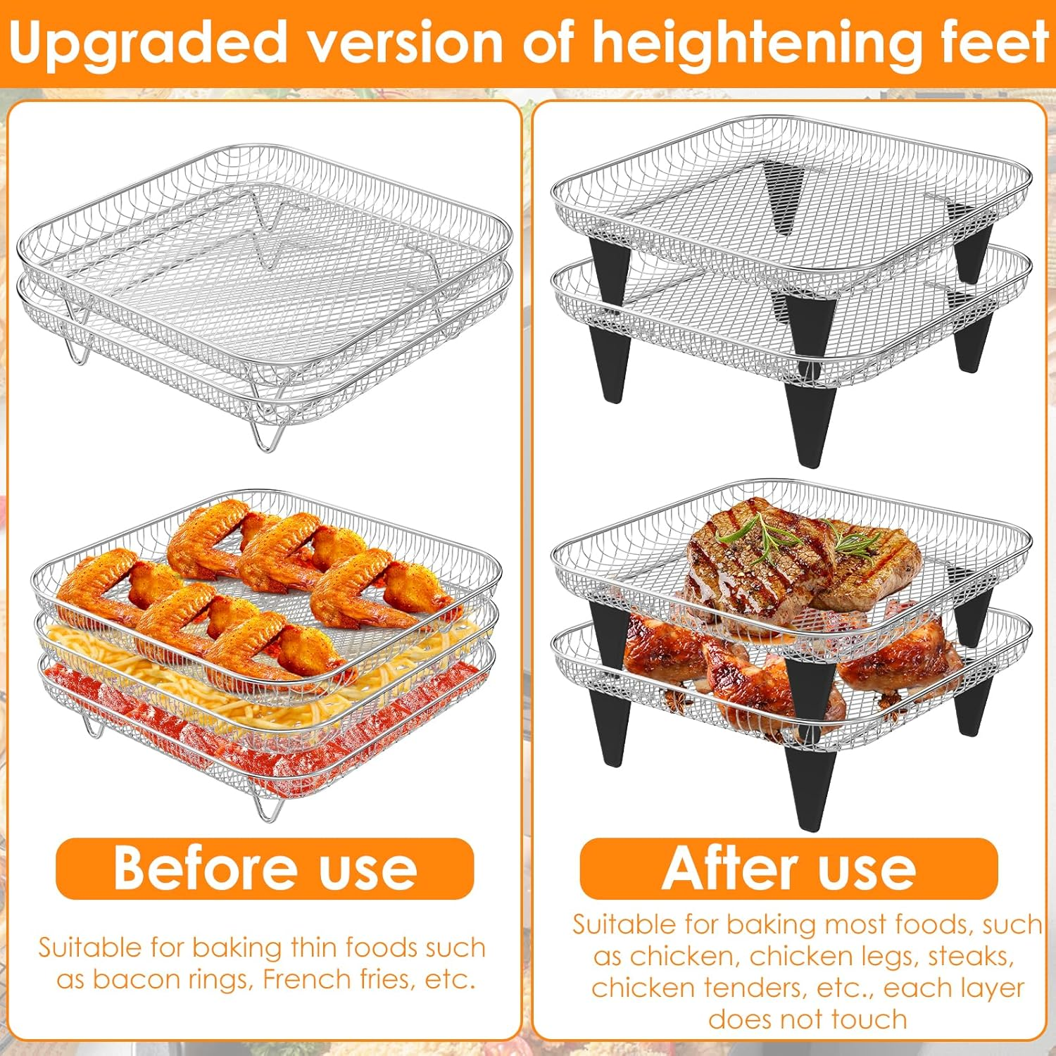 3Pack Air Fryer Racks 8 Inch Square Air Fryer Dehydrator Rack with Clip Stainless Steel Air Fryer Basket with Silicone Feet Stackable Kitchen Dehydrator Rack for Baking and Cooking