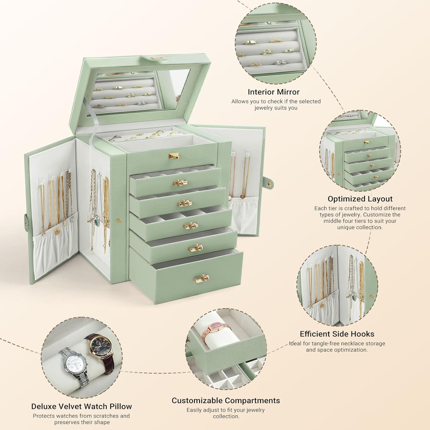 LIAN 6-Layer Large Jewelry Box with Big Mirror Functional Huge 5 Drawers Leather Jewelry Storage Case for Women Girls Ring Necklace Earring Bracelet Holder Organizer (Large-Pale Green) - Large-Pink image number 6