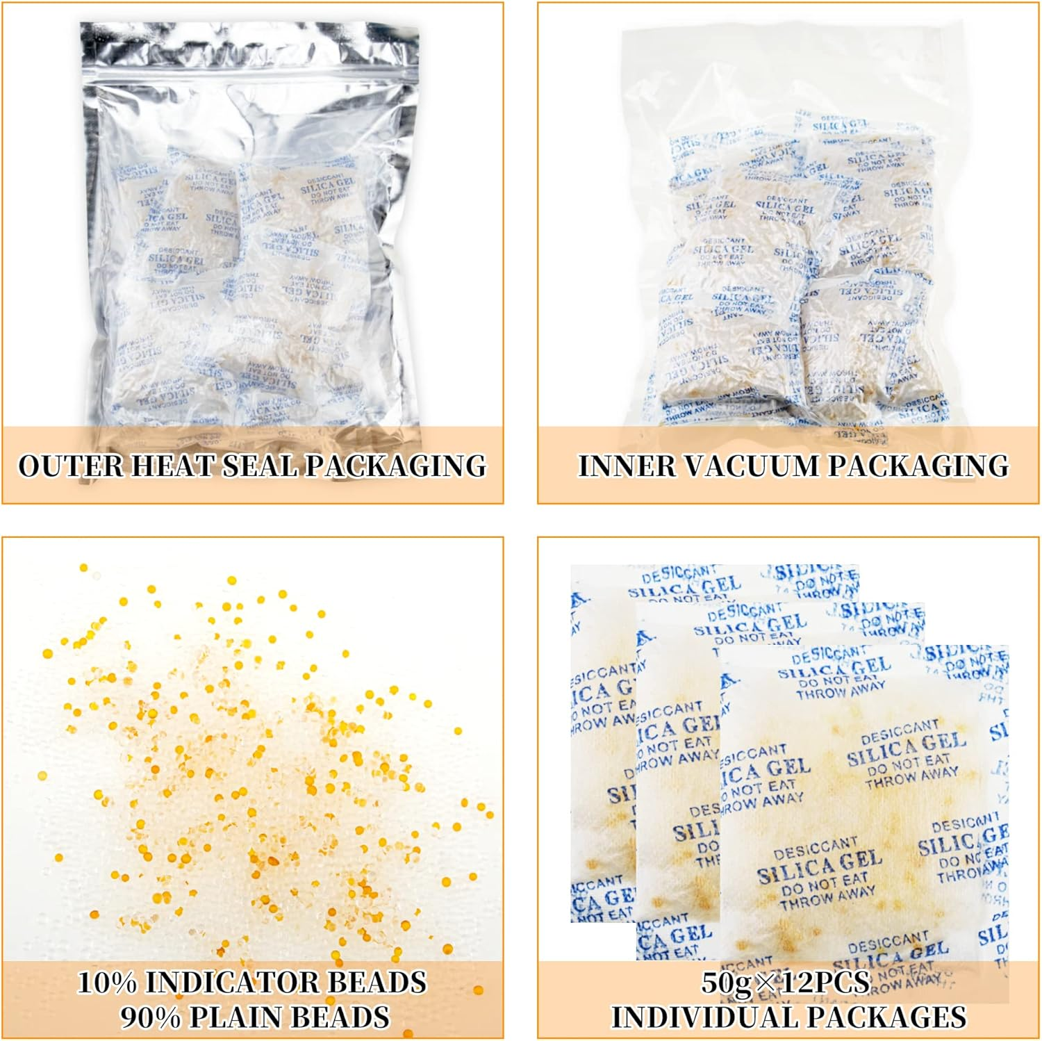 CANLENPK Dual-Color Indicating Silica Gel Desiccant Packets (Transparent/Orange) Reactivable Moisture Absorber Bags for Food, Books, Jewelry & Shoes Safe & Reusable (12-Pack (50G Each)) image number 4