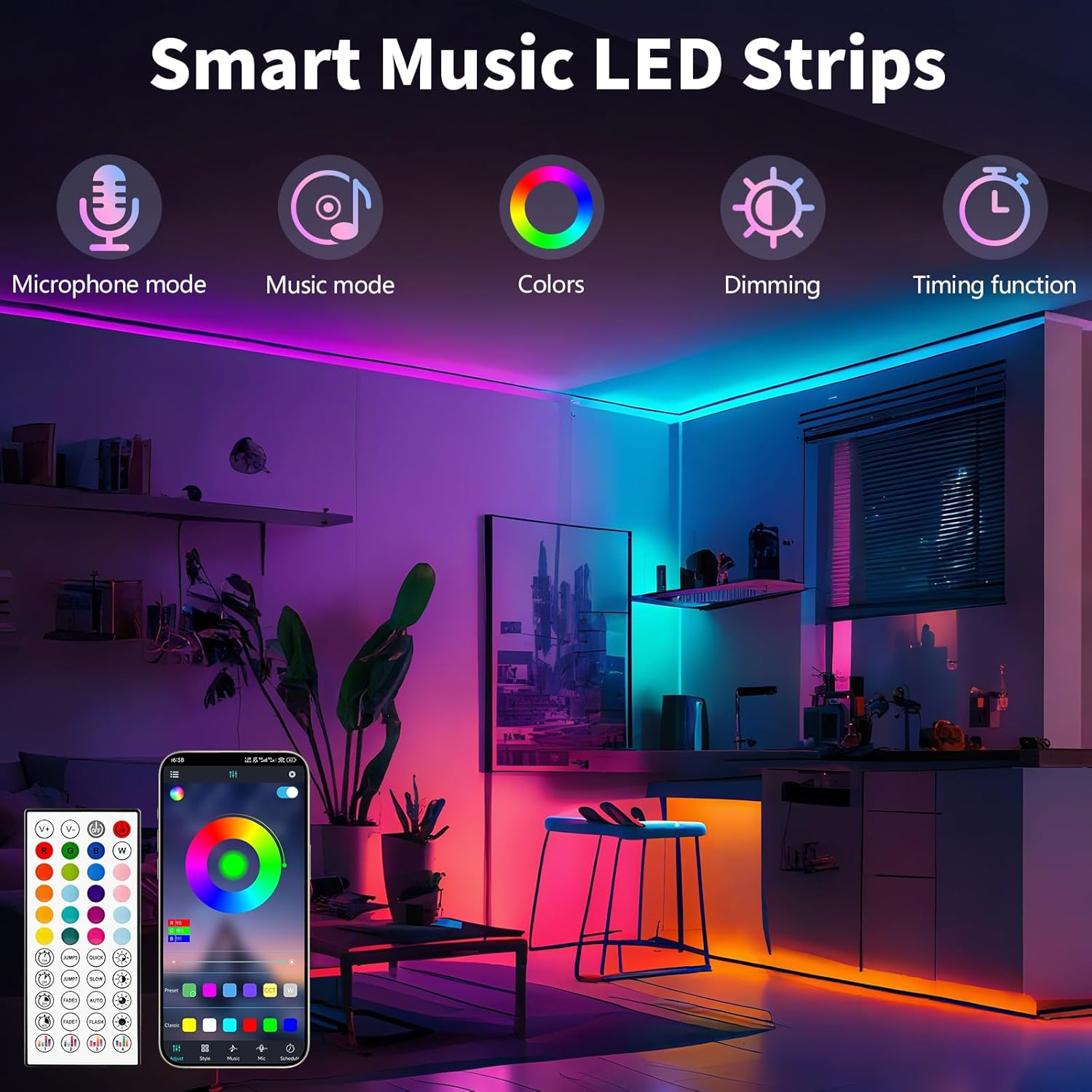 10M/16FT Bluetooth LED Strip Lights, RGB LED Lights with Music Sync, Remote APP Control, Flexible DIY Multi-Colour String Lights for Kitchen, Garden,Party,Pc Decoration,Bedroom (10M)