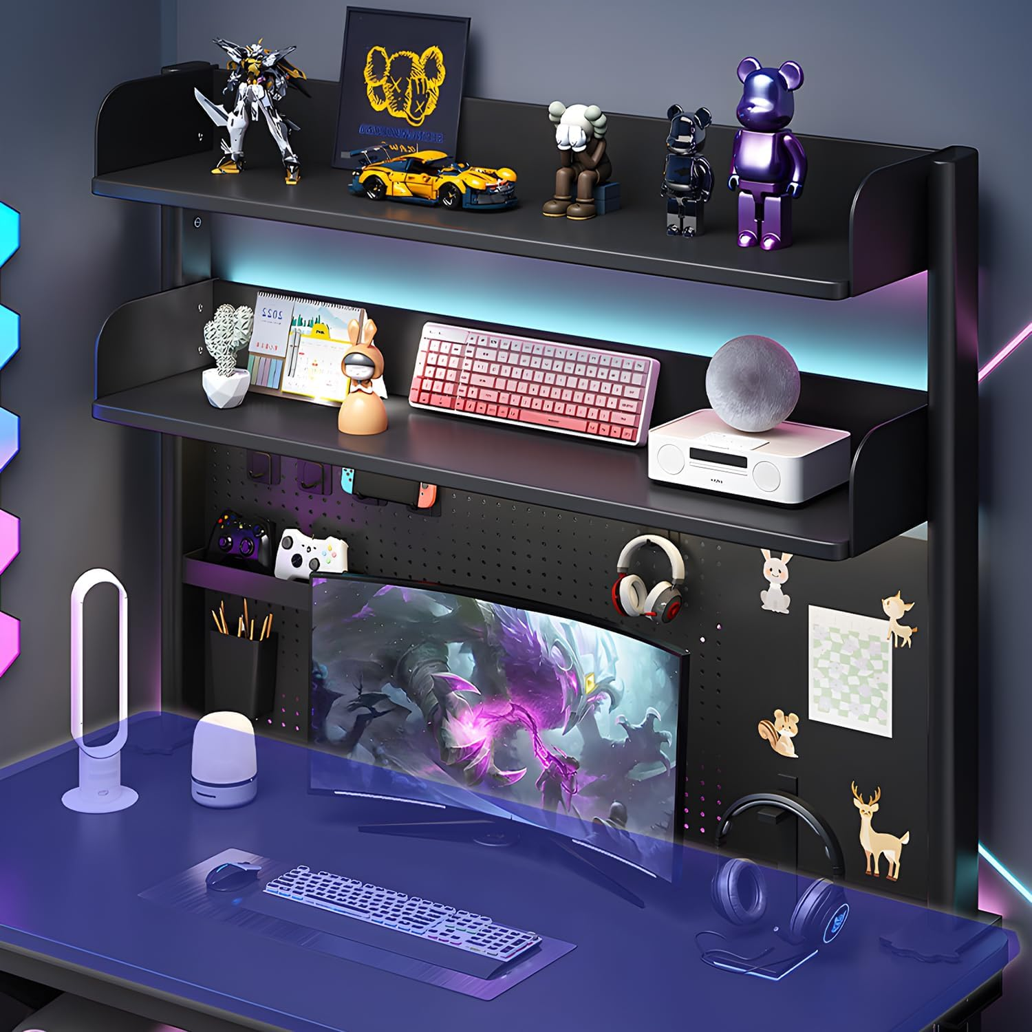 Clamp-On 31.5 Inch above or below Desk 3-Tier Shelving, Desk Organizer Shelf for Office Accessories, Gaming Devices with 20 Pieces Storage Accessories (Black) image number 6