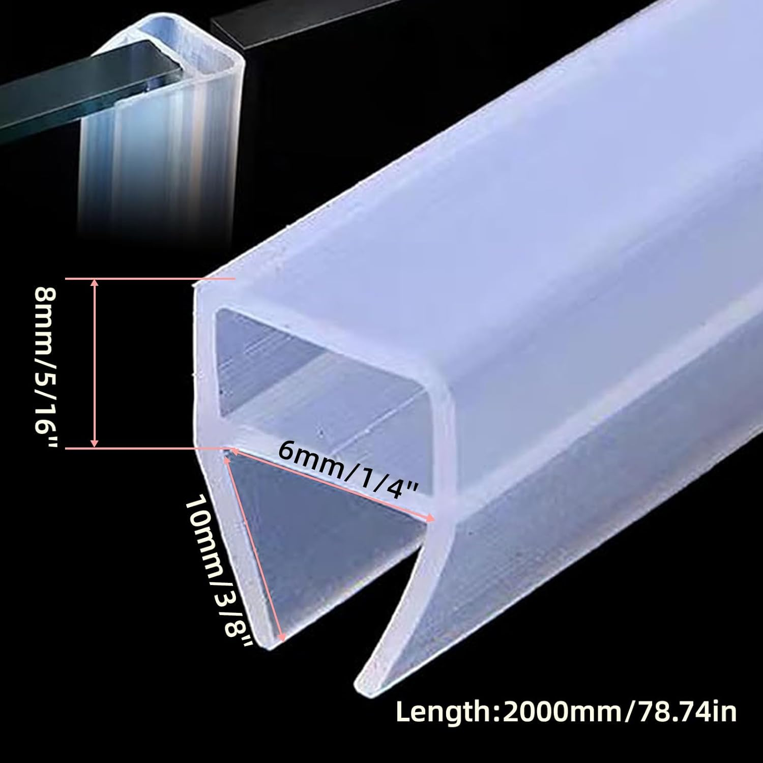Shower Door Seal Strip, 78.7" Soft Frameless Glass Shower Door Sweep Side Seal to Stop Shower Leaks U Type,Fit for 10Mm (3/8&rdquo;) Glass Door Translucent image number 5