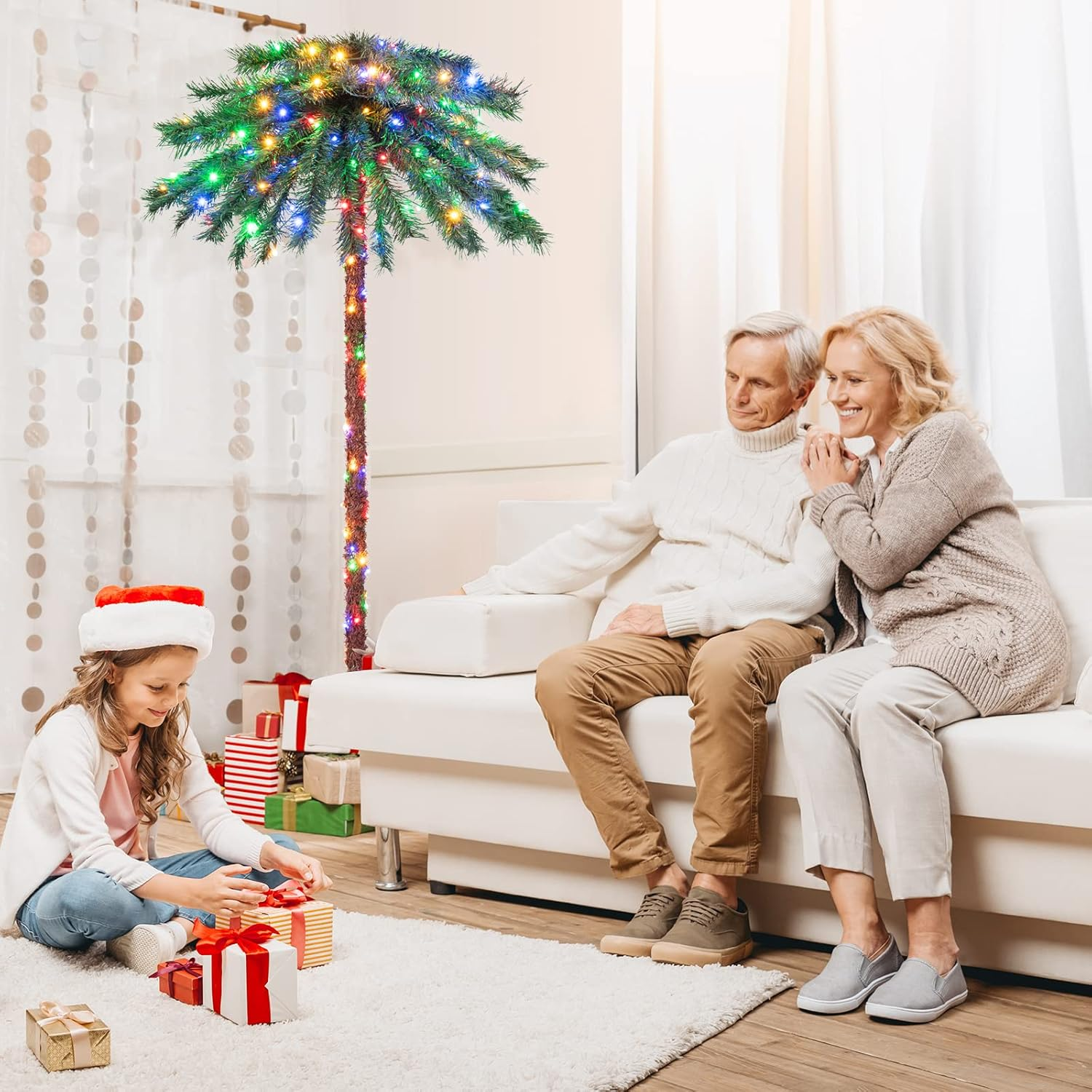 Costway 2 in 1 1.8M Artificial Palm Tree W/ 64 PVC Branch Tips & 210 Four-Color LED Lights, Pre-Lit Decoration Tree for Christmas, Xmas Celebration Tree for Home, Office & Carnival, 2 Pairs of Gloves