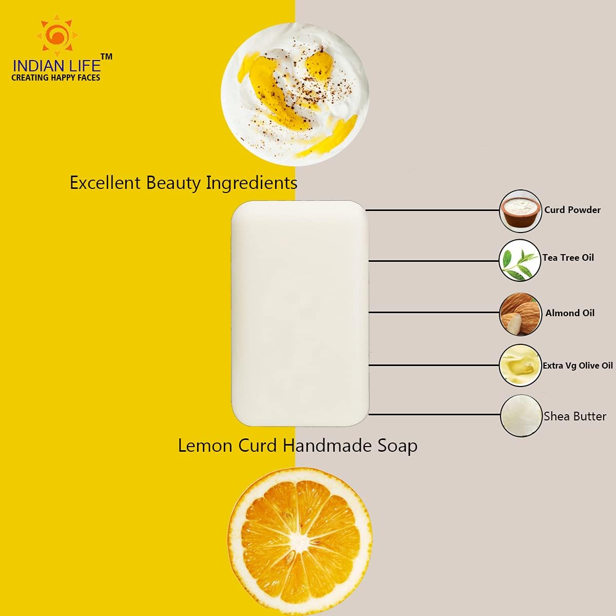 Indianlife Kumkumadi and Lemon Curd Soap Made with Shea Butter,100% Vegan| Paraben Free| SLS Free|Mineral Oil Free| Pack of 2(100 Gram Each)