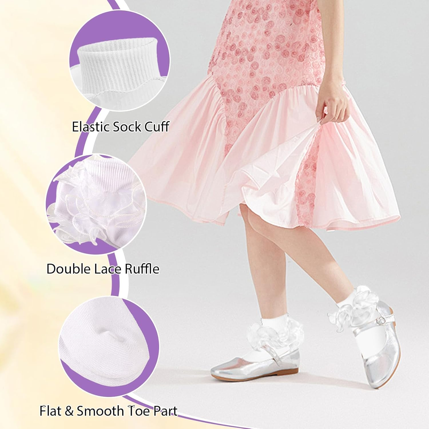 3 Pairs Girls Ruffle Lace Socks | Frilly Dress Socks with Big Turn Cuff for 1-3/4-6/6-8/8-10 Years Old Girls Kids | Cotton White Black Red image number 1