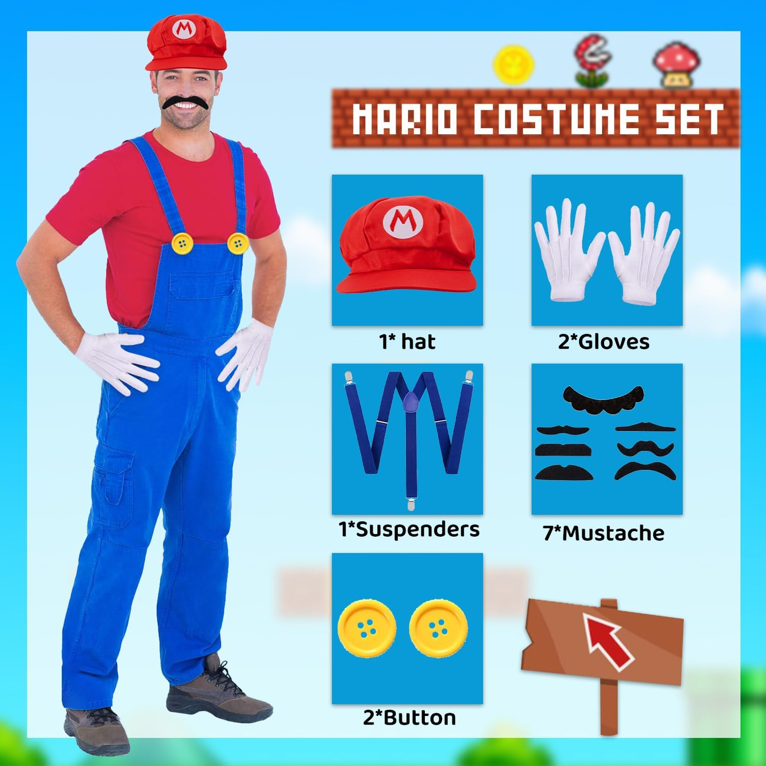 WOTOW Super Brother Costume Accessories Set - Adult Video Game Role Cosplay with Hat Gloves Moustache Buttons Suspenders Fancy Outfit for Dress up Party Supplies Halloween Party Cosplay image number 4