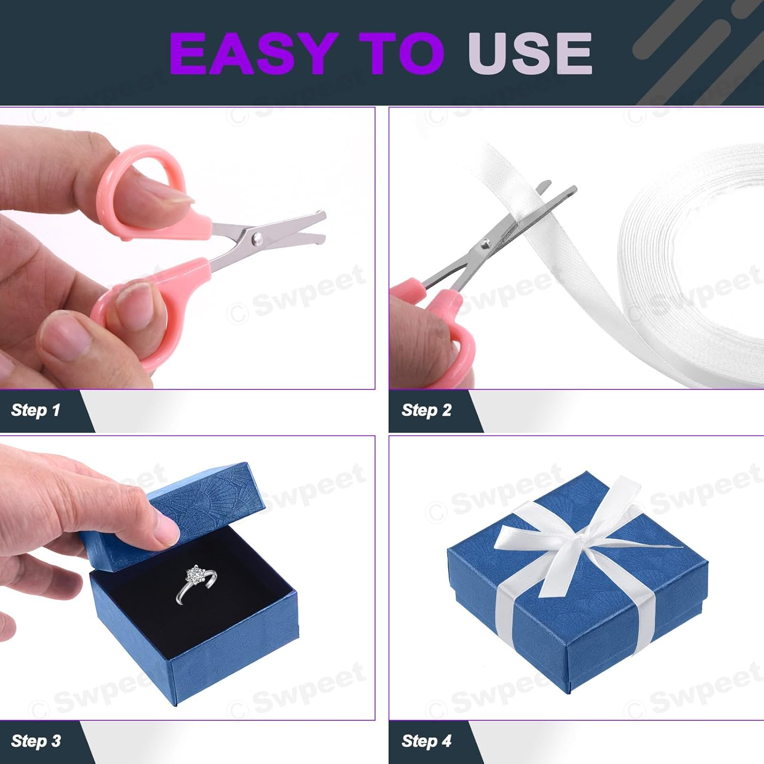 Swpeet 17Pcs 2.95 X 2.95 X 1.2Inch Sapphire Blue Fan Pattern Cardboard Jewelry Gift Boxes with Scissors and Polyester Ribbon Assortment Kit, Necklace Earring Bracelet Boxes Gift Case for Jewelry - Black image number 2