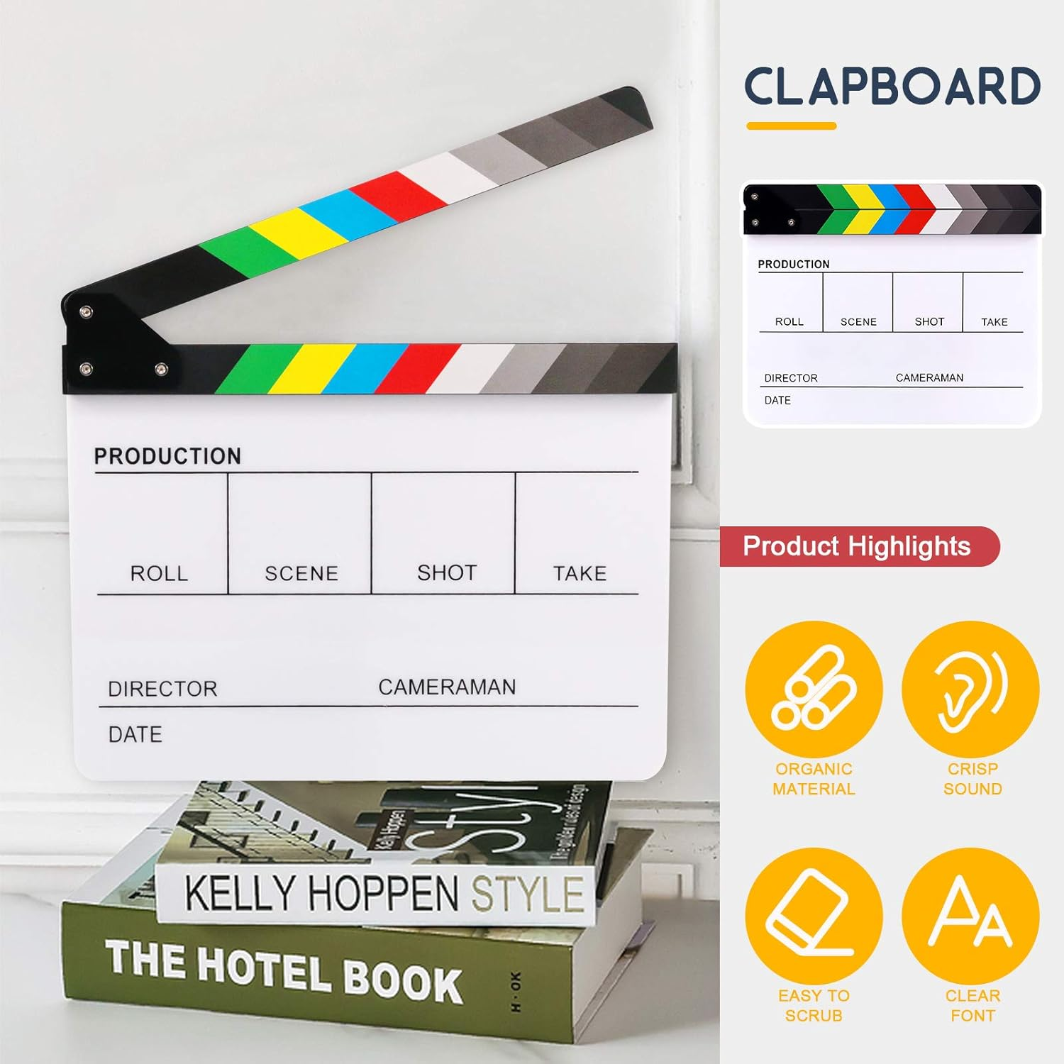 Hilitchi Film Movie Cut Action Board Acrylic Plastic Slate 25X30Cm/10X12 Dry Erase Director'S Film Clapboard with Color Sticks and with 5 Whiteboard Markers, 1 Eraser and 1 Wrench image number 3