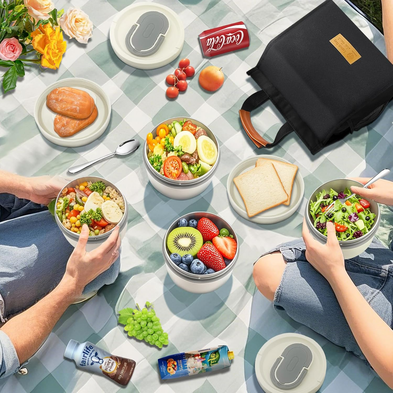 Adando Stainless Steel Lunch Box: 550Ml Microwave-Safe round Bento Lunch Box - 304 Bpa-Free Doulbe Wall Insulated Leakproof for Adults Students - Office School Beach Picnic Hiking Camping (4 Pack) image number 5